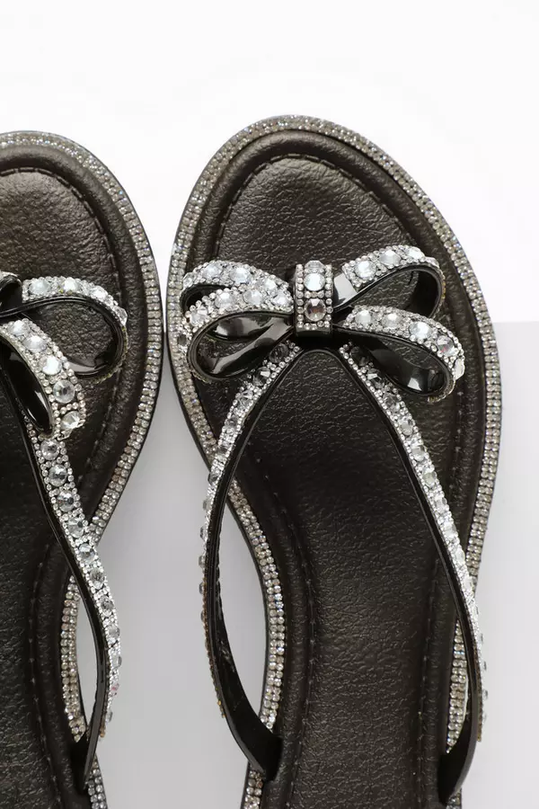 Black Diamante Bow Flat Sandals