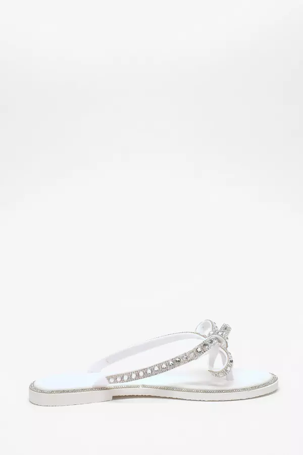 White Diamante Bow Flat Sandals