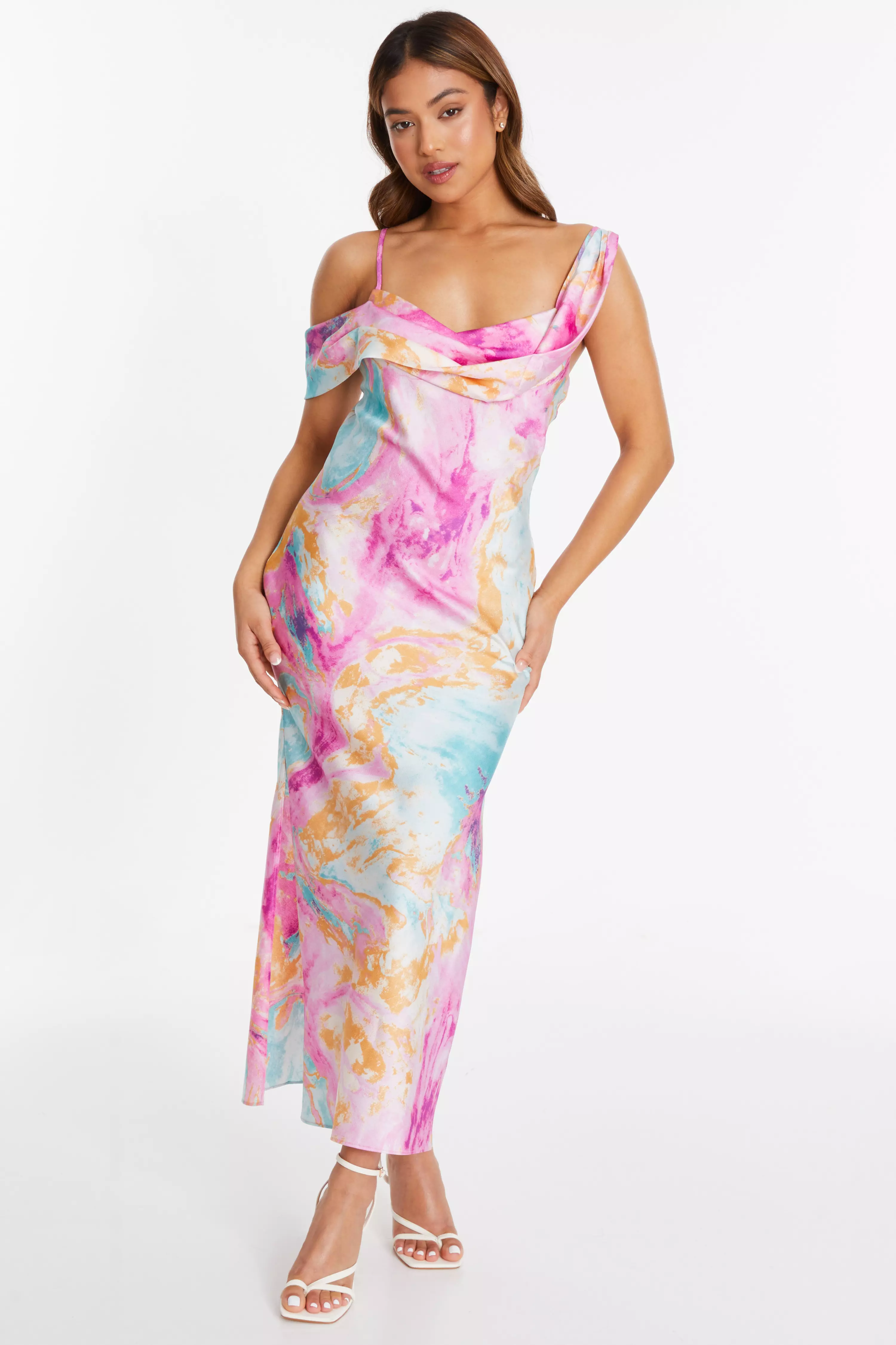 Petite Pink Marble Print Satin Midaxi Dress
