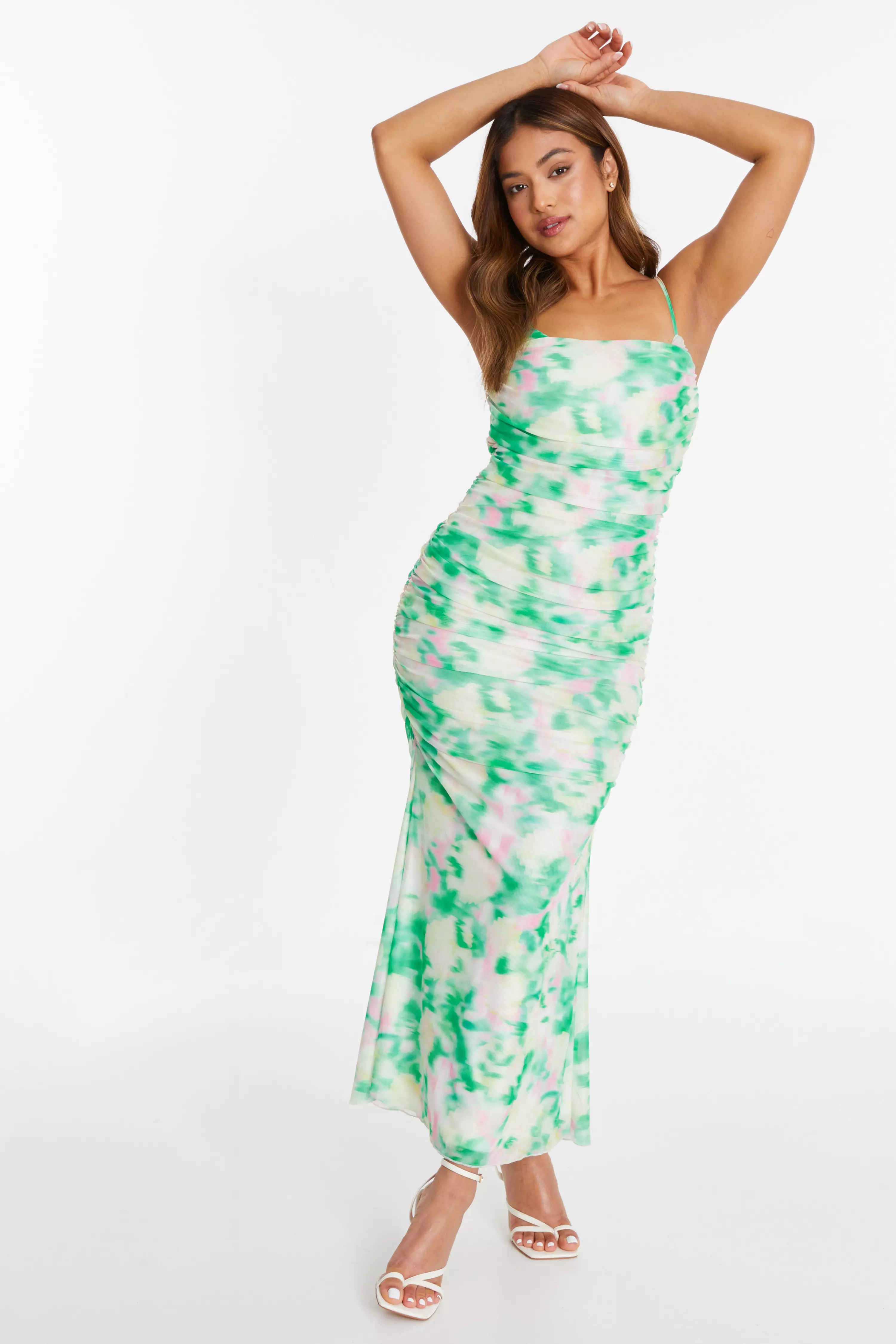 Petite Green Floral Abstract Mesh Midi Dress