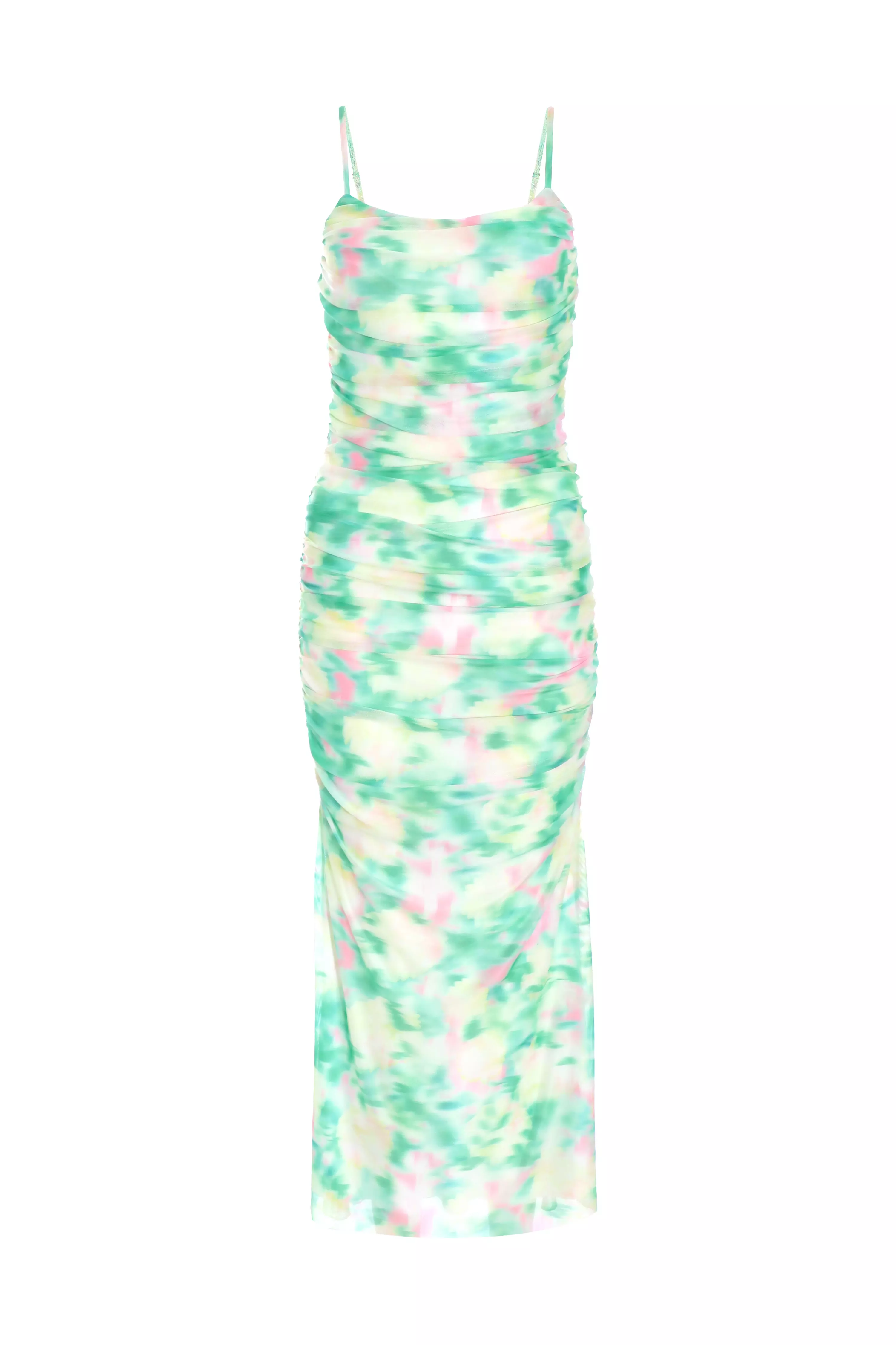 Petite Green Floral Abstract Mesh Midi Dress