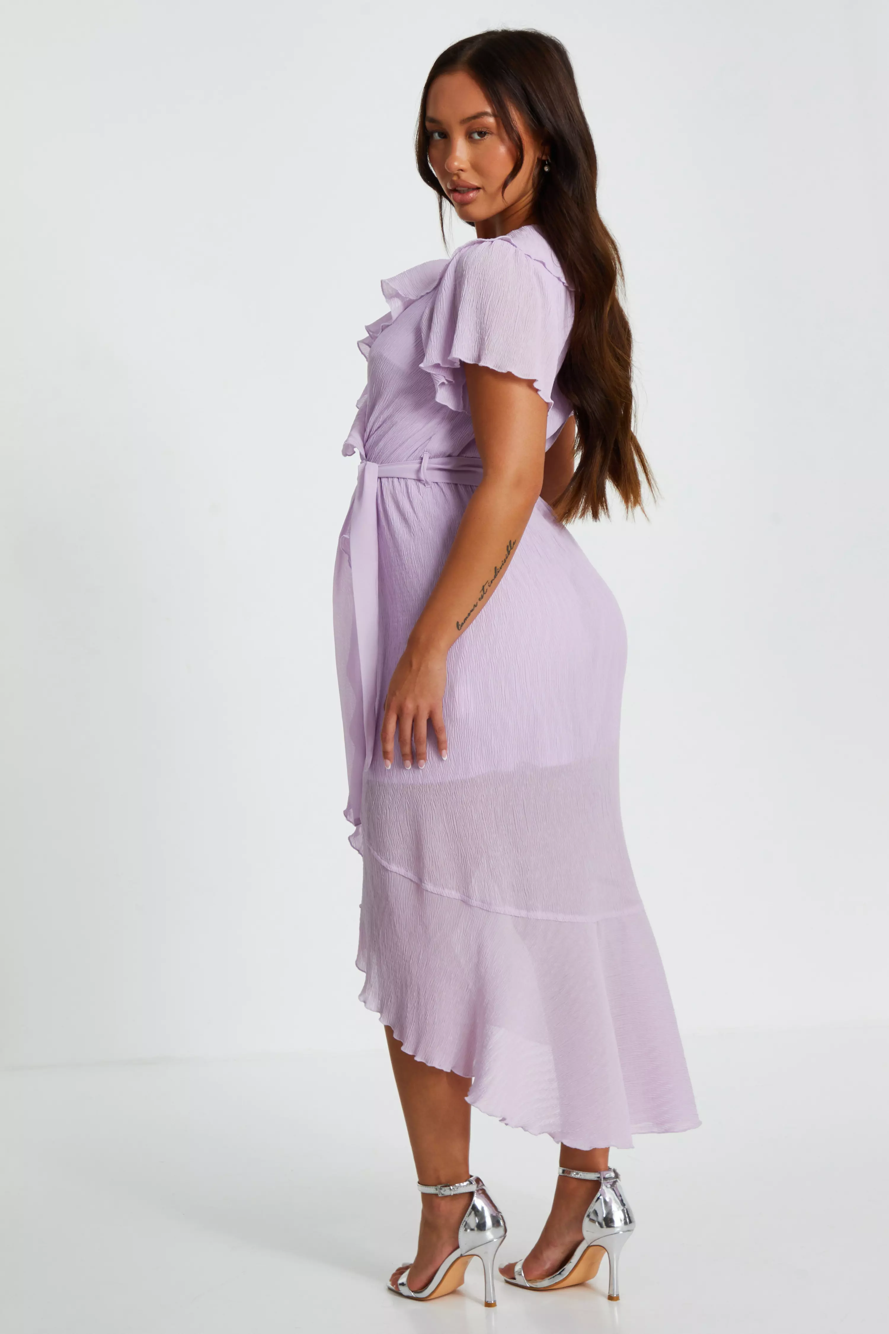 Petite Lilac Crinkle Woven Frill Midaxi Dress