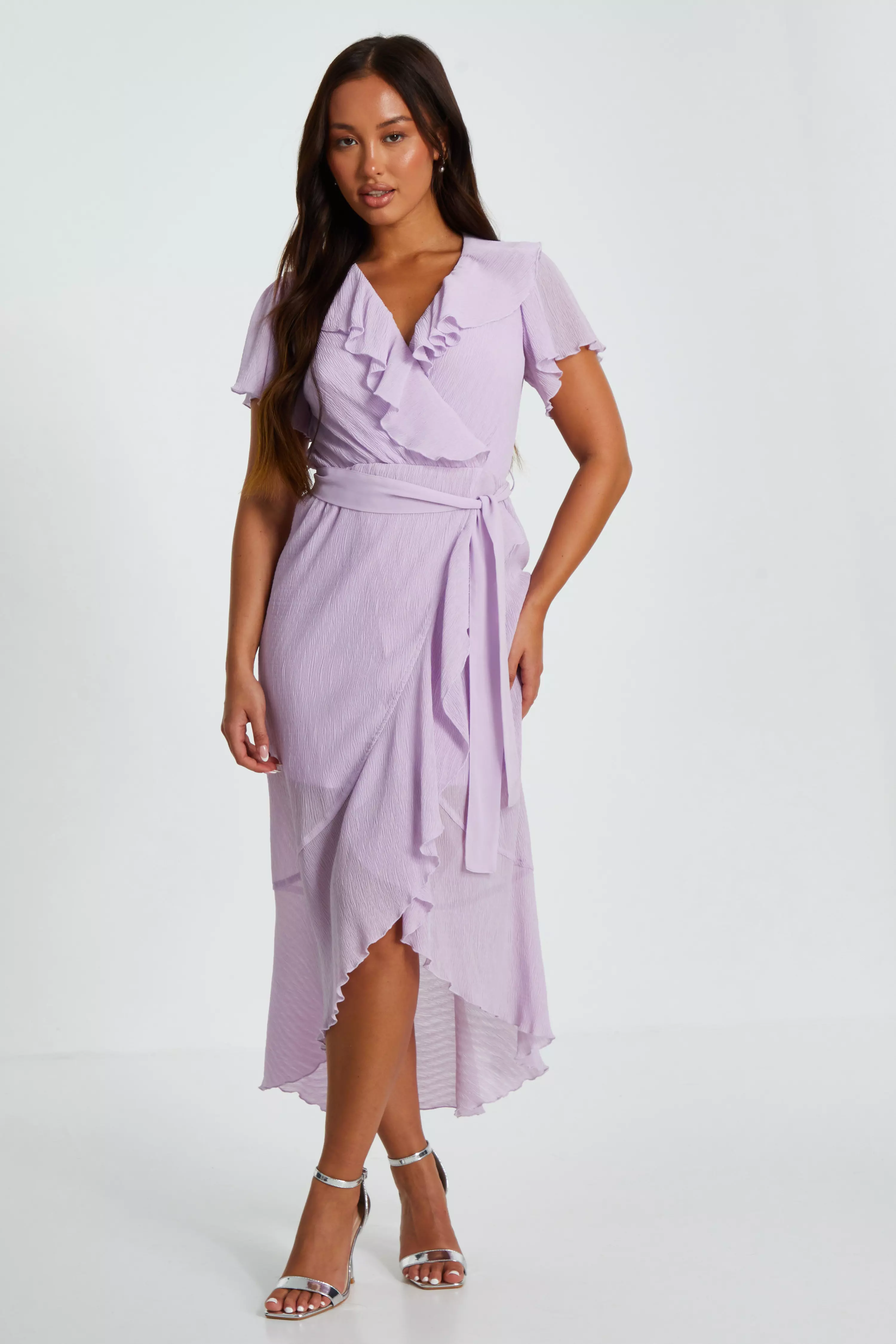 Petite Lilac Crinkle Woven Frill Midaxi Dress