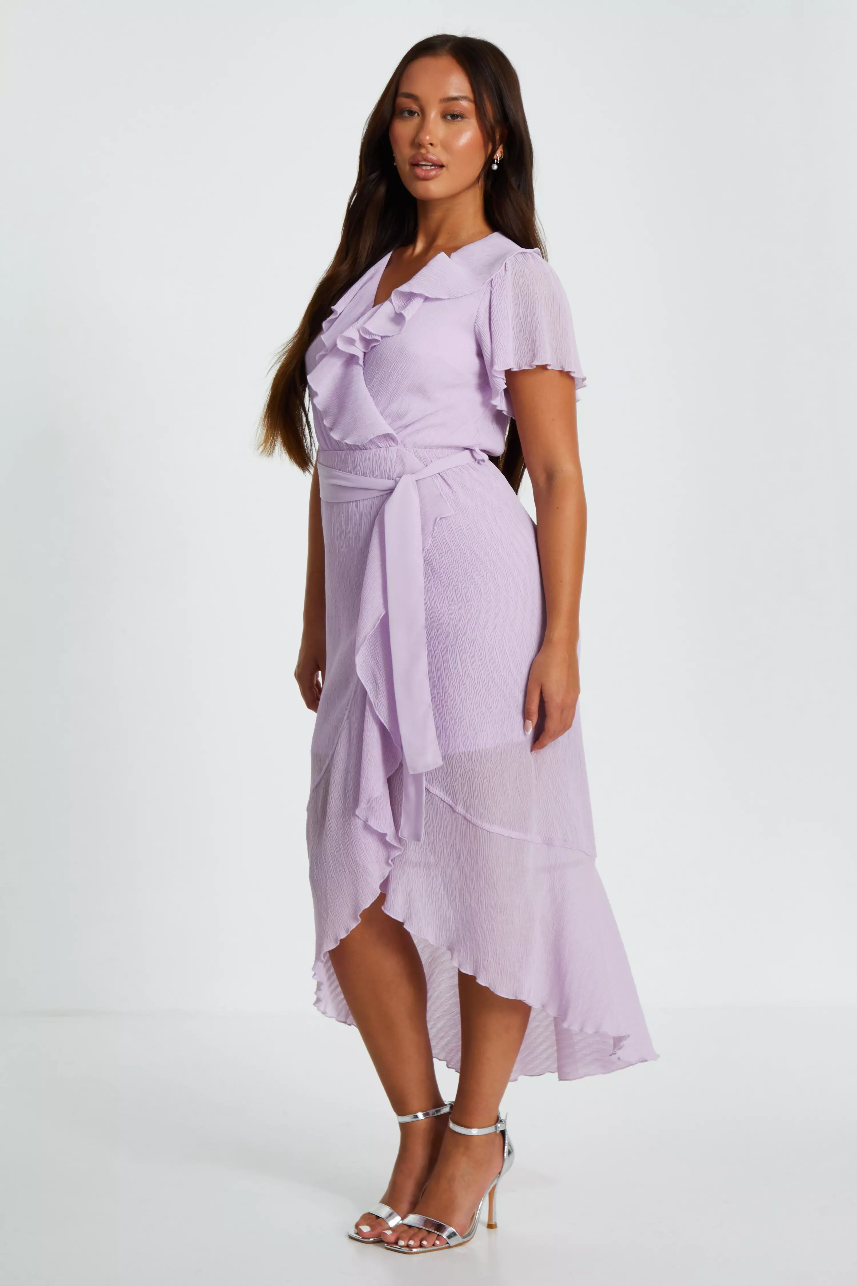 Petite Lilac Crinkle Woven Frill Midaxi Dress