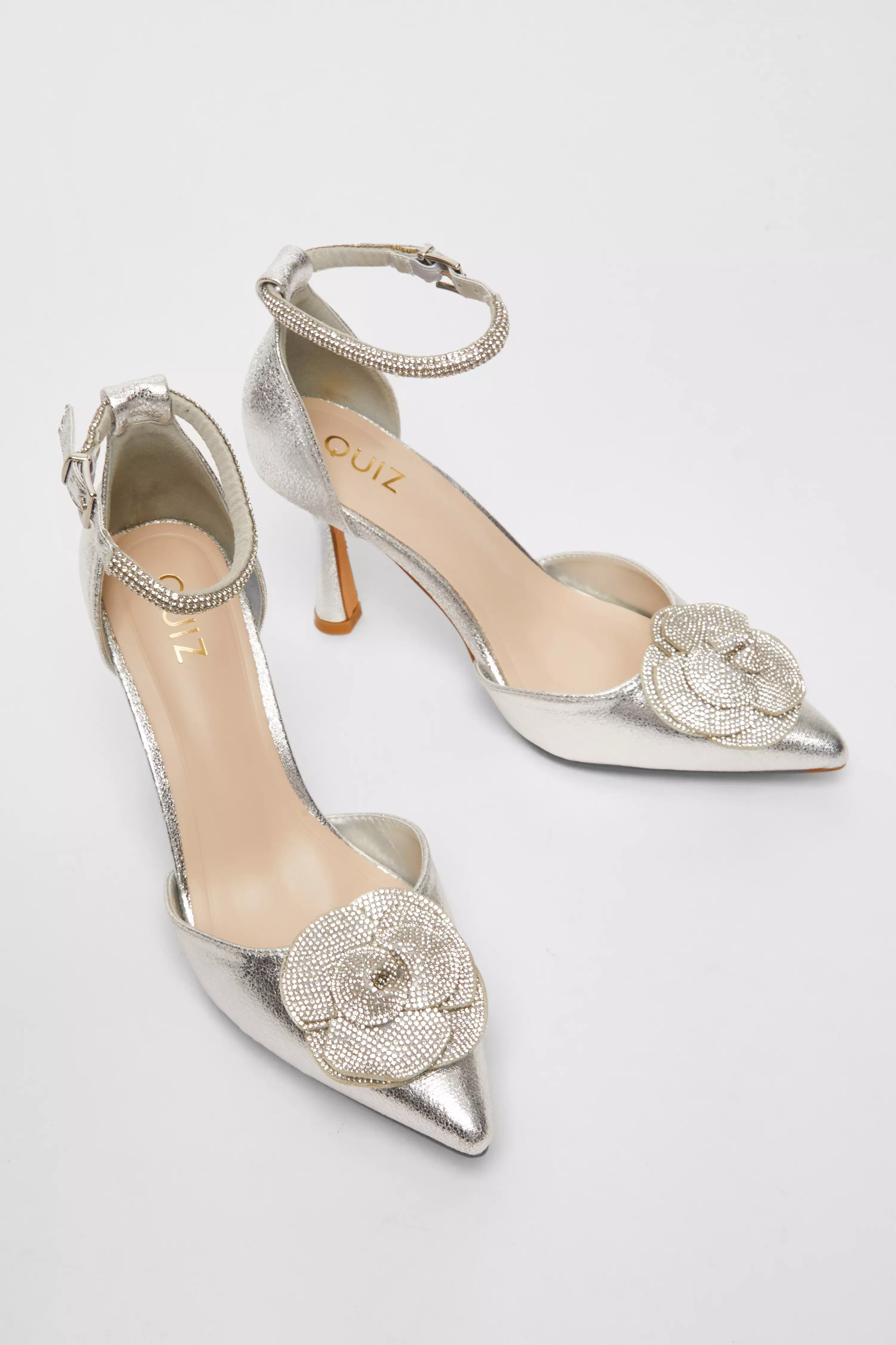 Silver Foil Diamante Corsage Court Heels