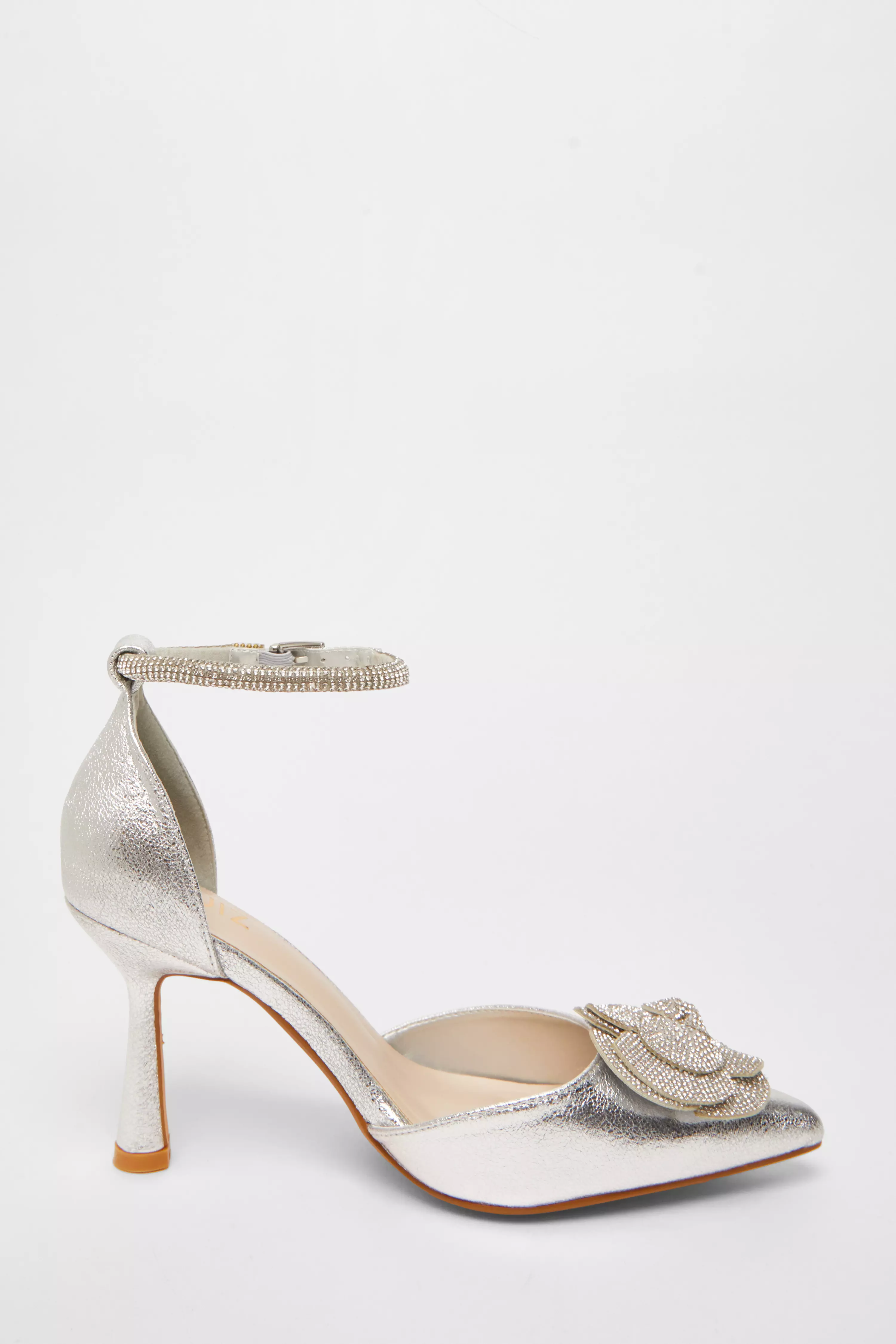 Silver Foil Diamante Corsage Court Heels