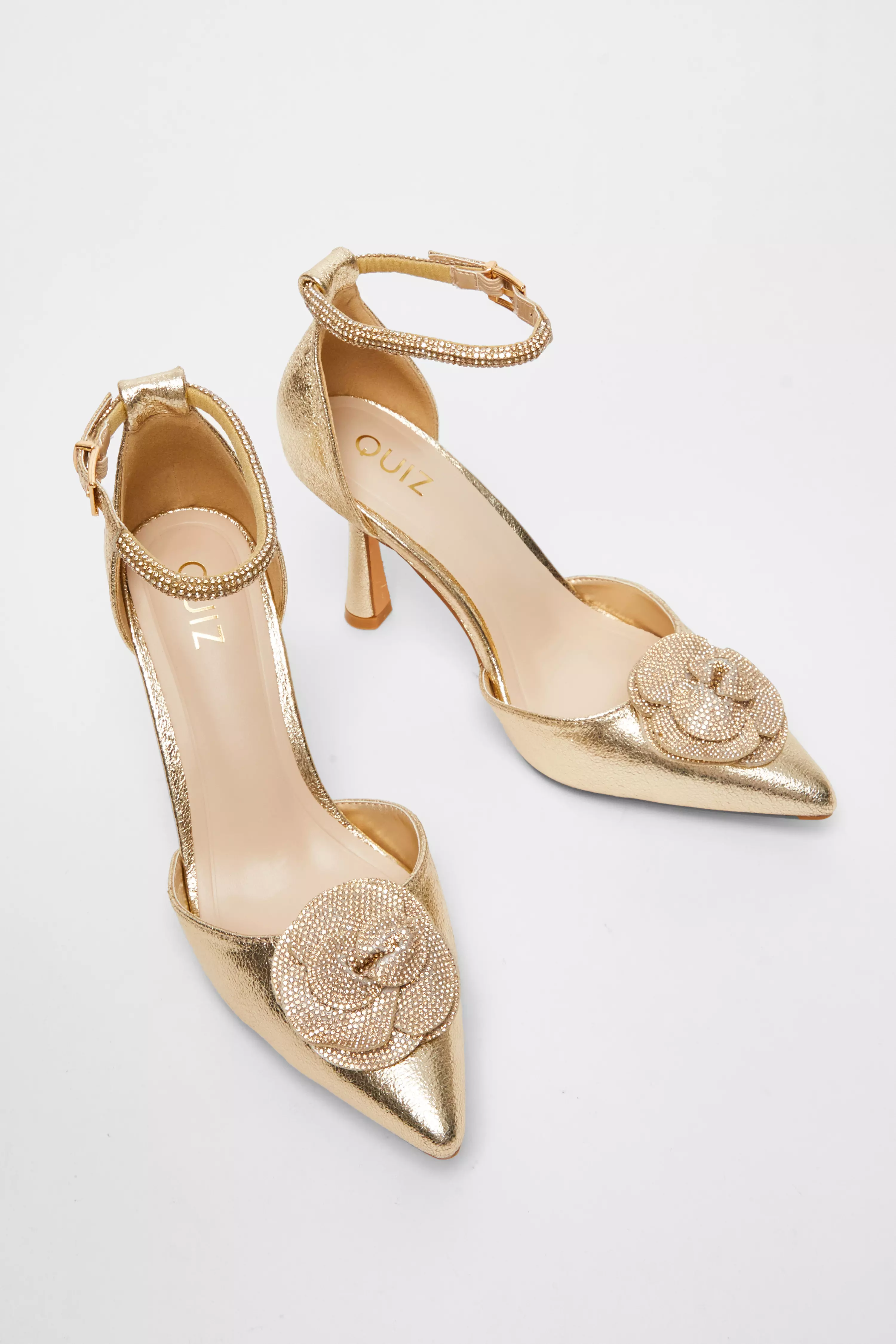 Gold Foil Diamante Corsage Court Heels