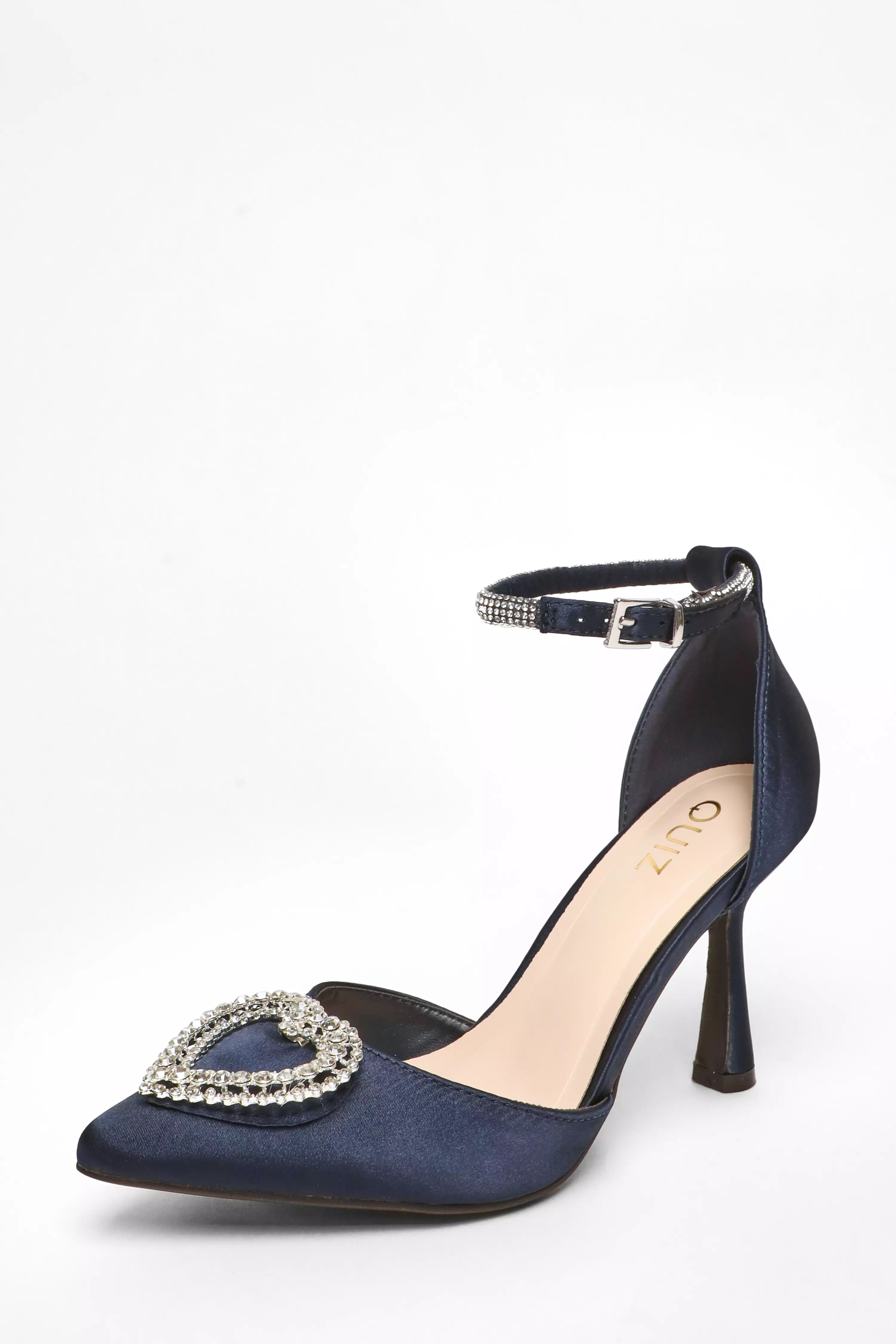 Navy Satin Diamante Heart Brooch Court Heels