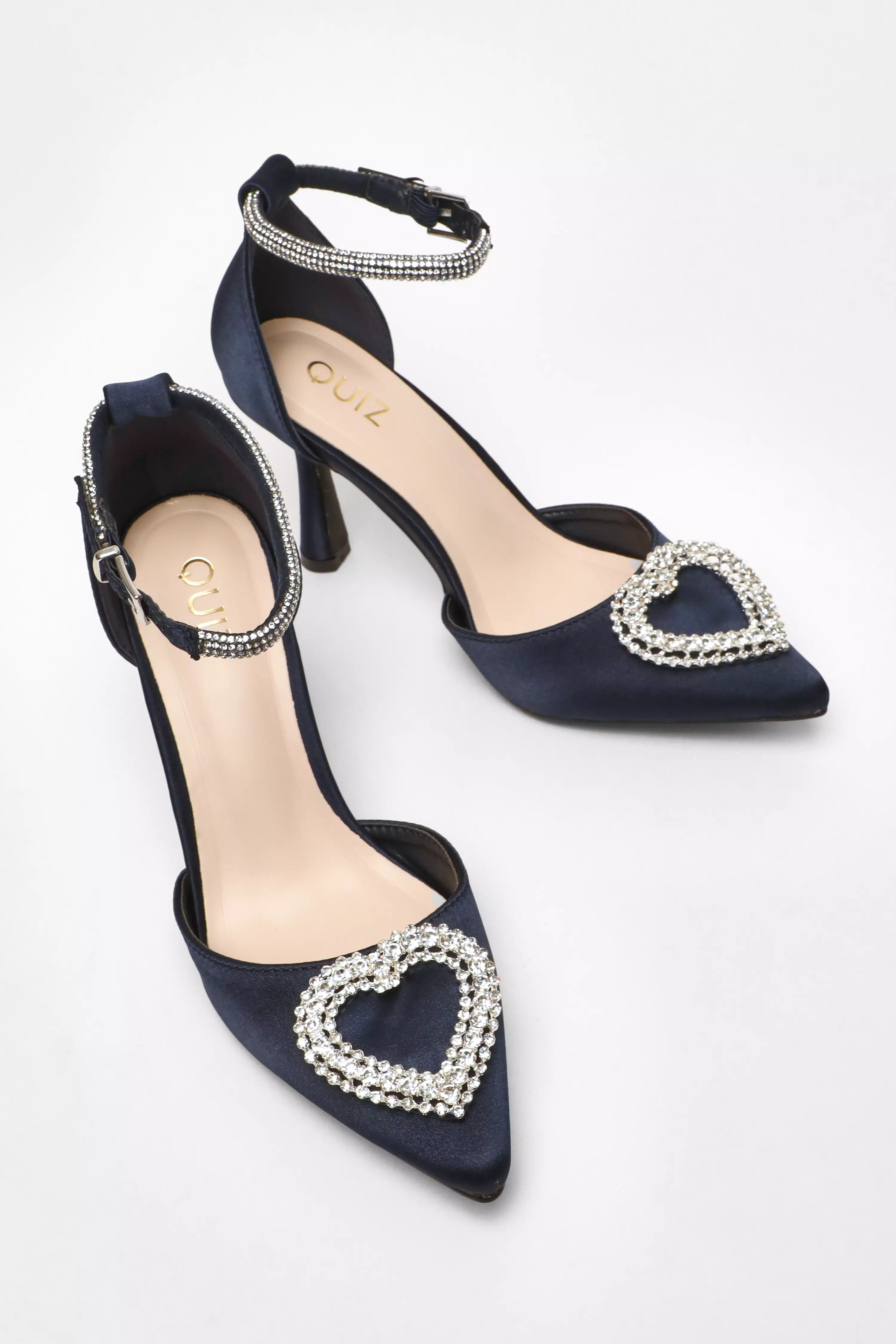 Navy Satin Diamante Heart Brooch Court Heels