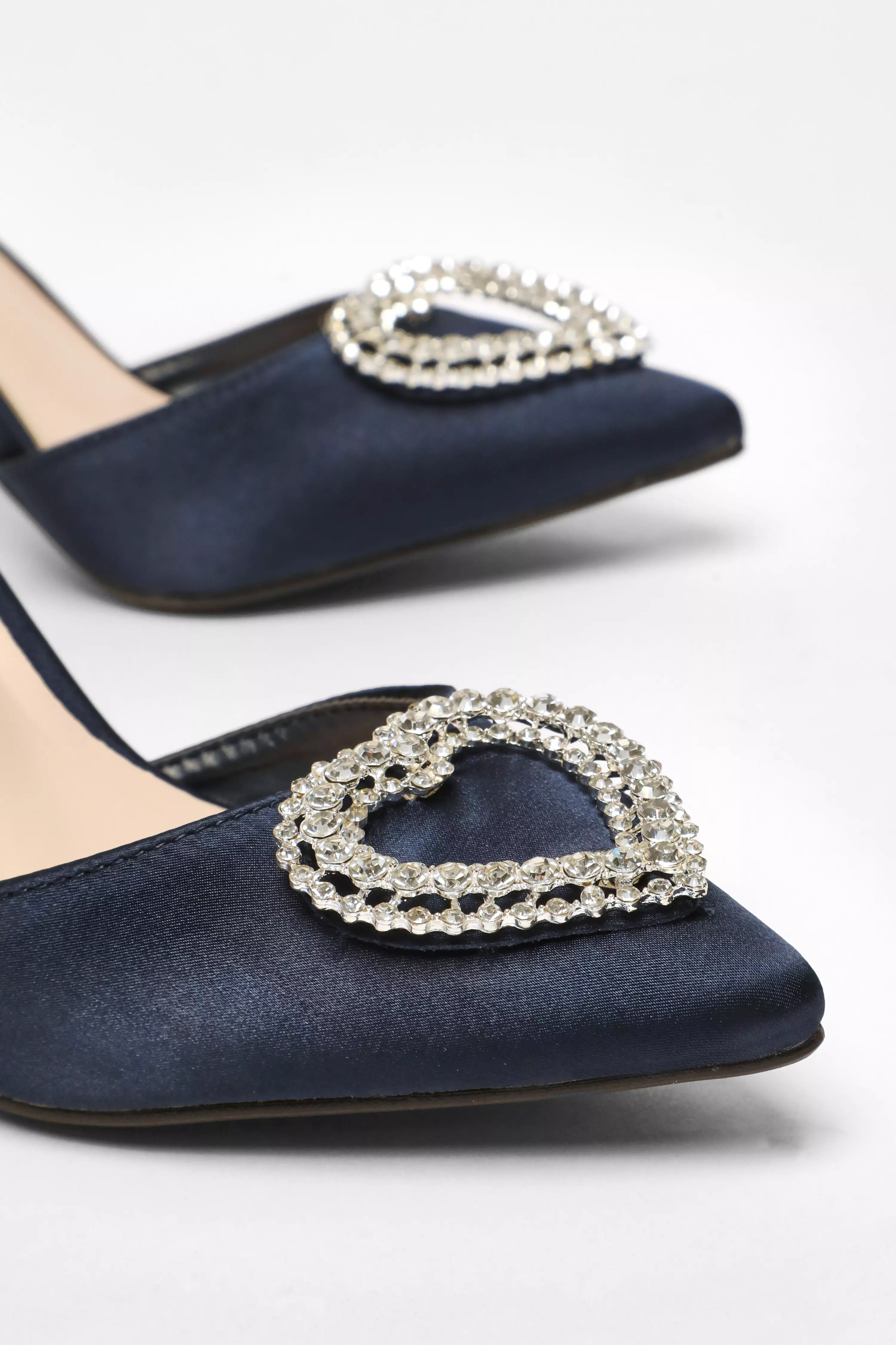 Navy Satin Diamante Heart Brooch Court Heels