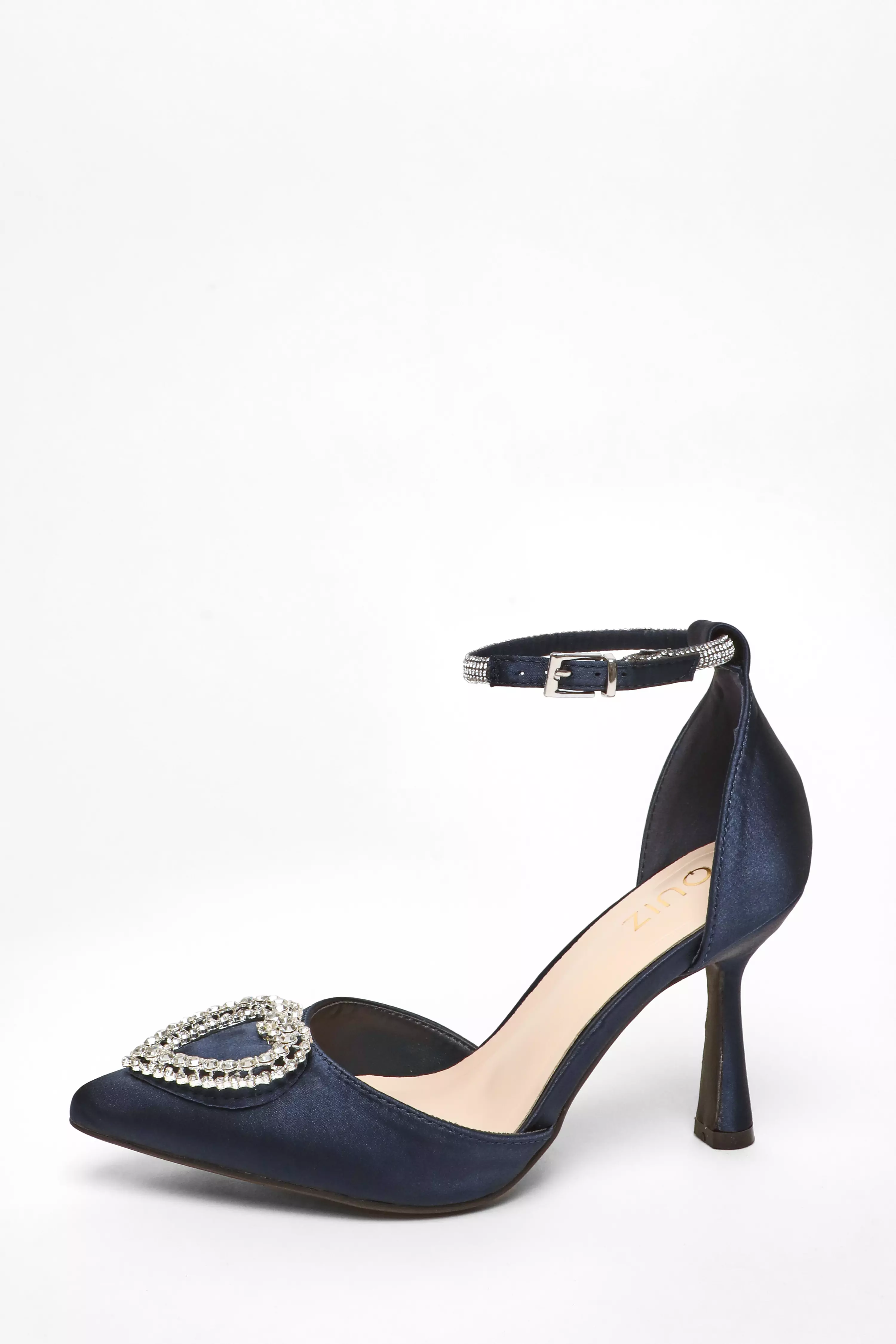 Navy Satin Diamante Heart Brooch Court Heels