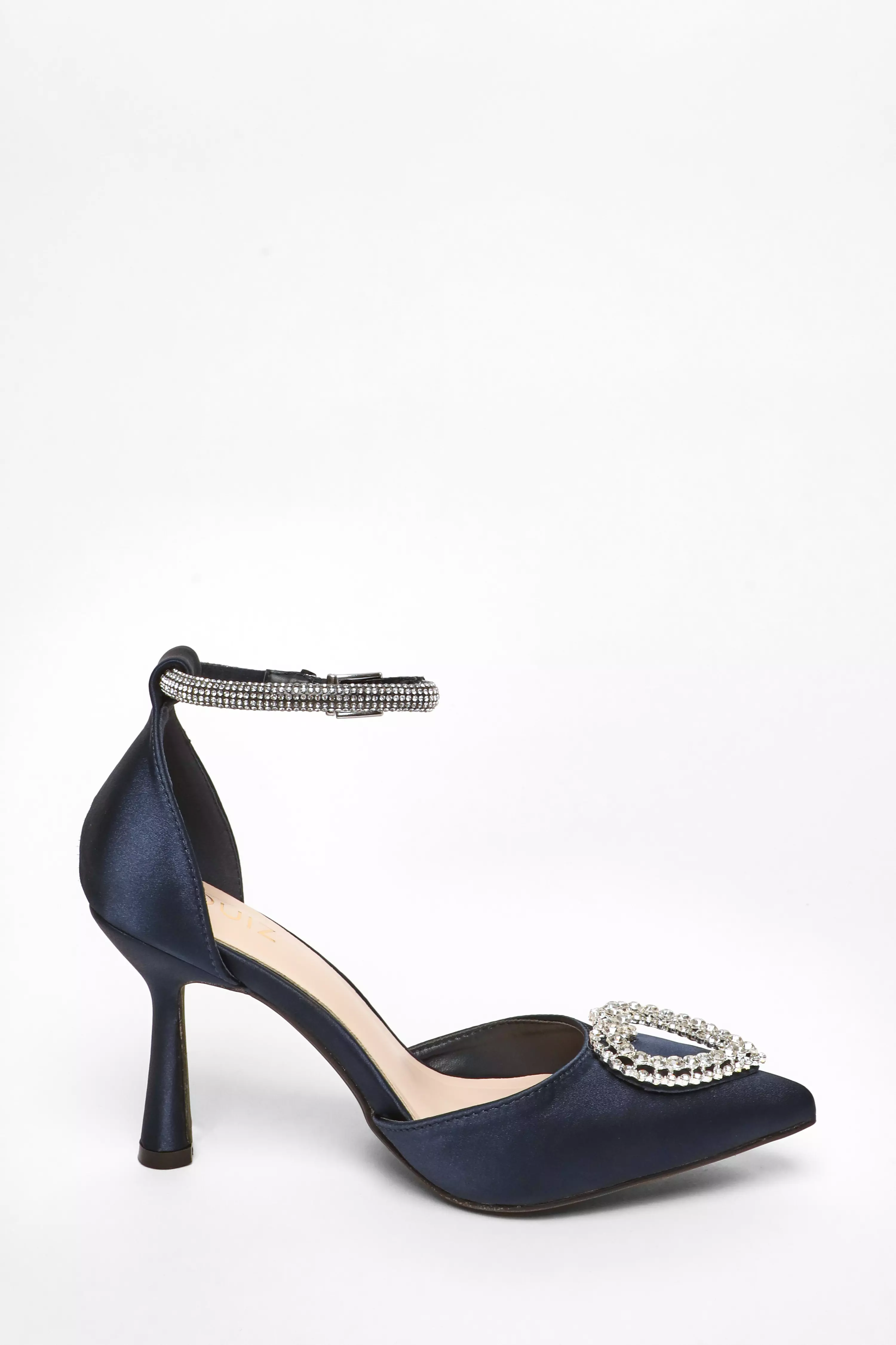 Navy Satin Diamante Heart Brooch Court Heels