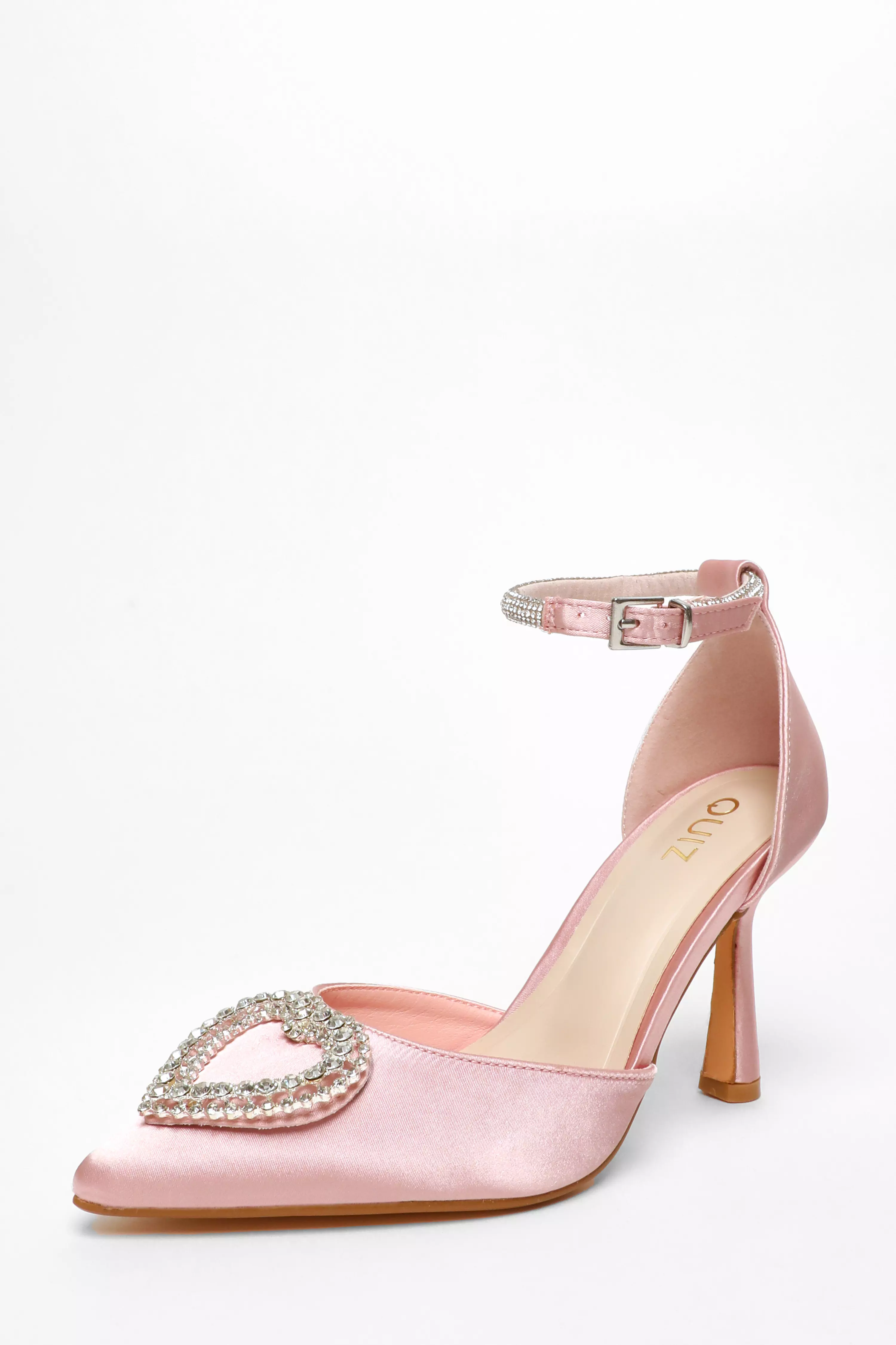 Pink Satin Diamante Heart Brooch Court Heels