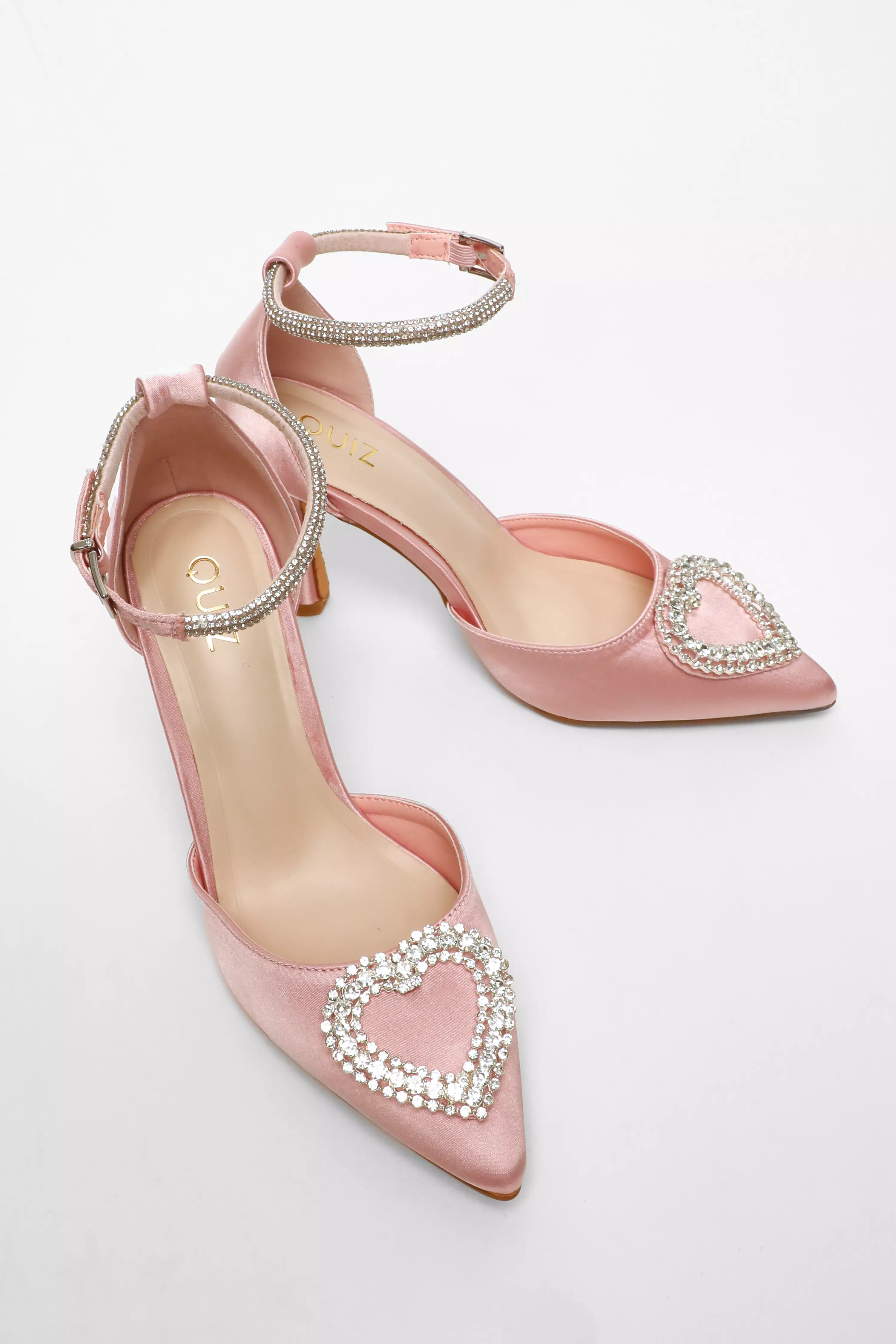 Pink Satin Diamante Heart Brooch Court Heels