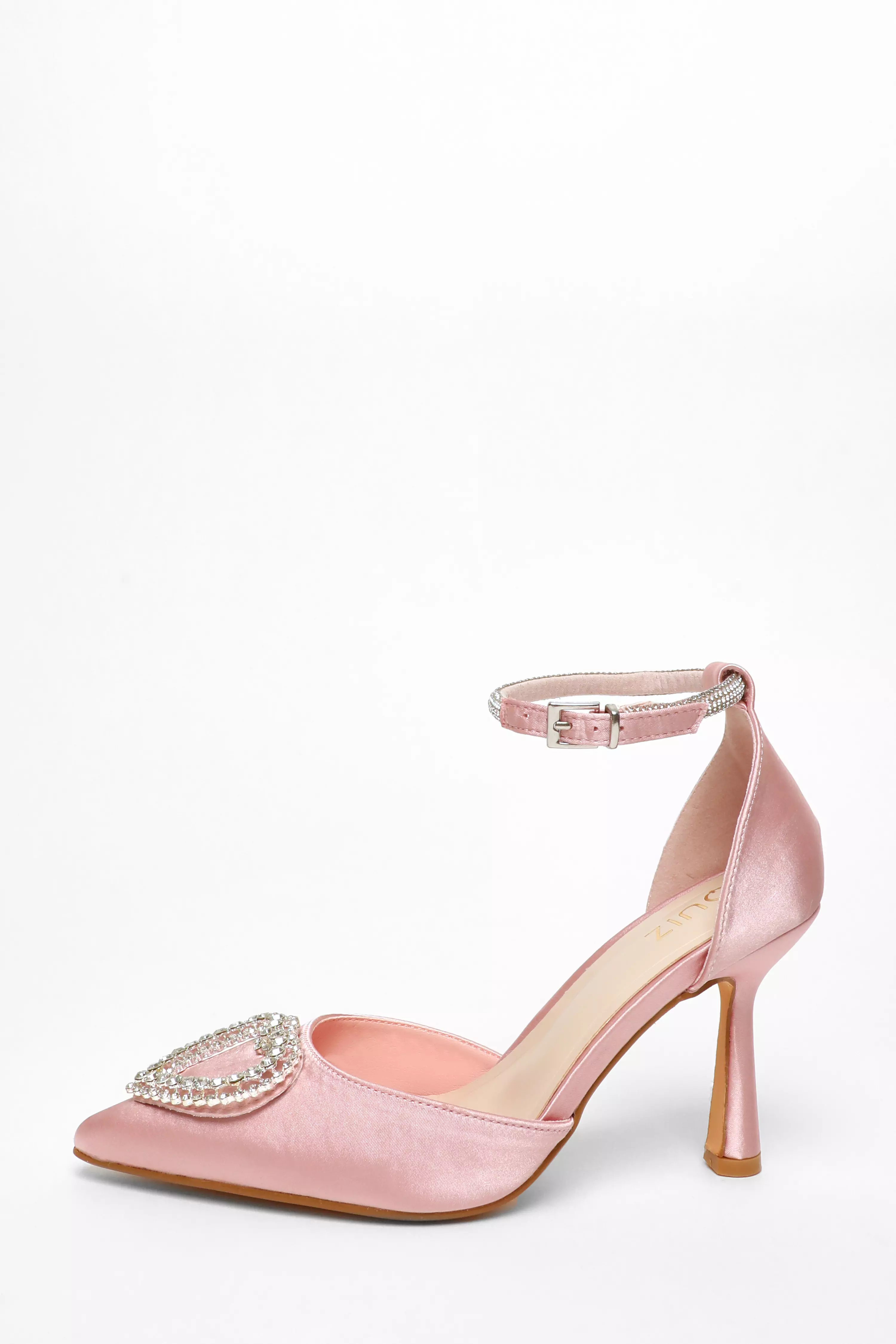 Pink Satin Diamante Heart Brooch Court Heels