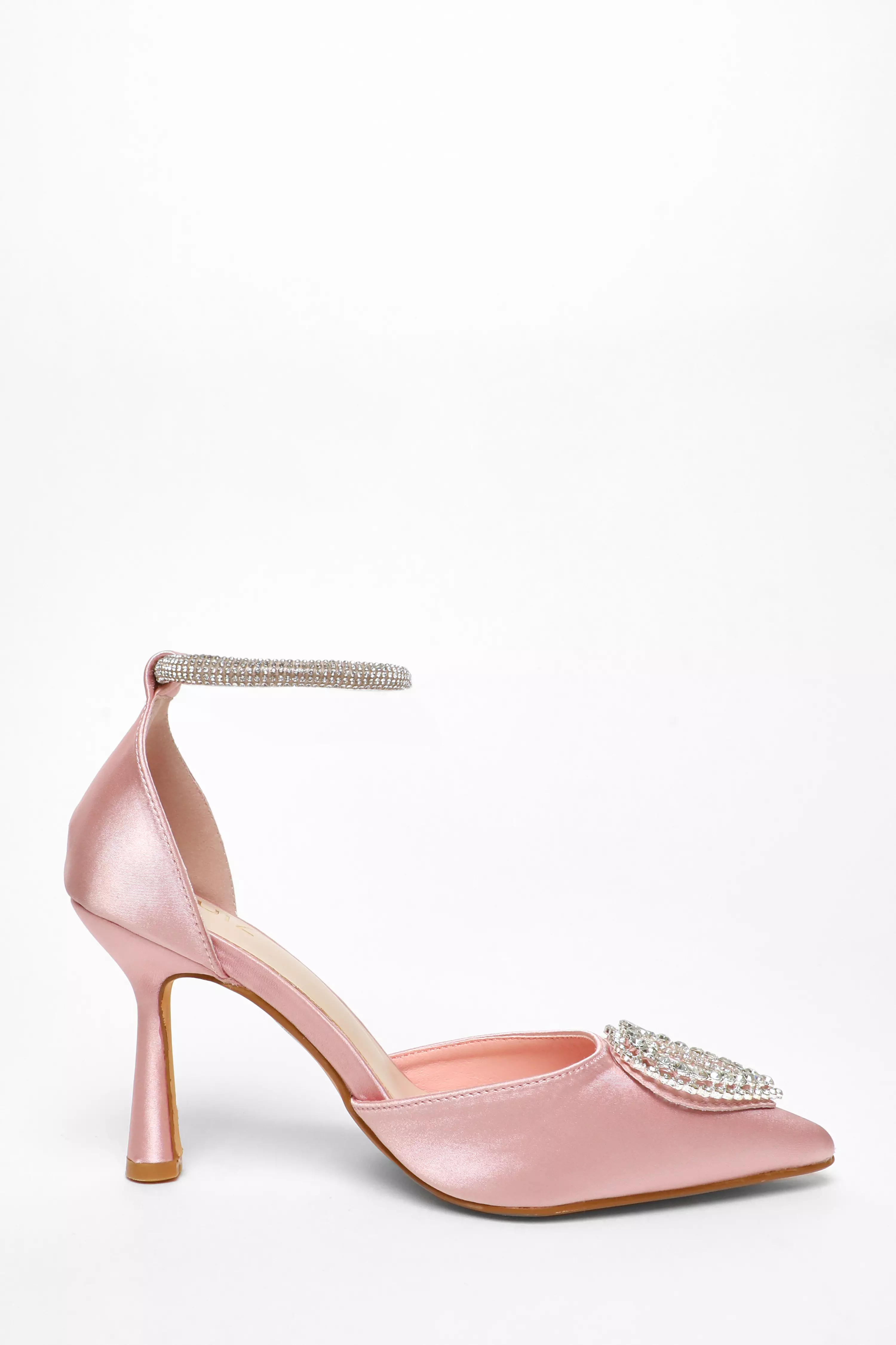 Pink Satin Diamante Heart Brooch Court Heels