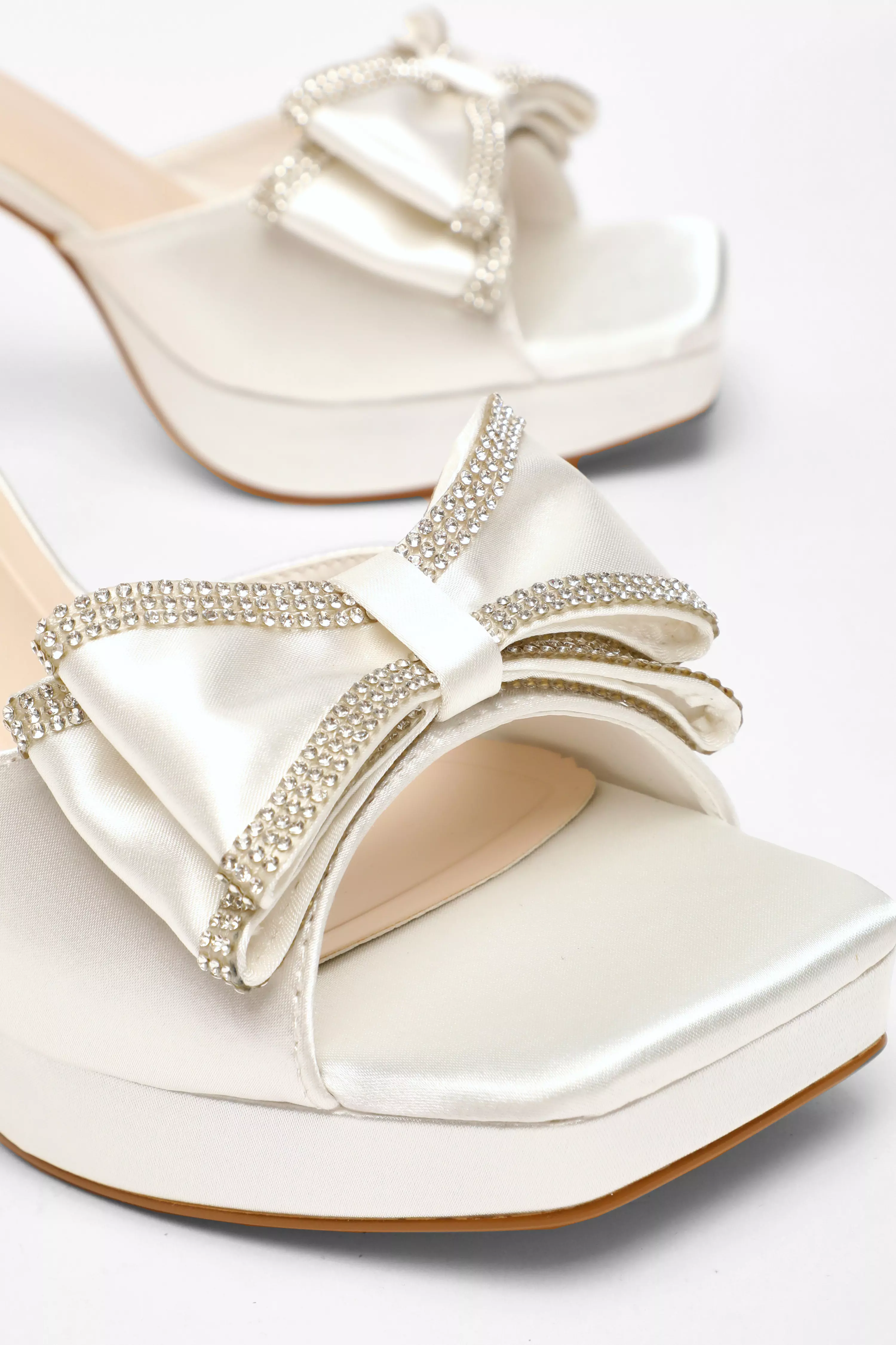 White Satin Bow Front Platform Heeled Sandals