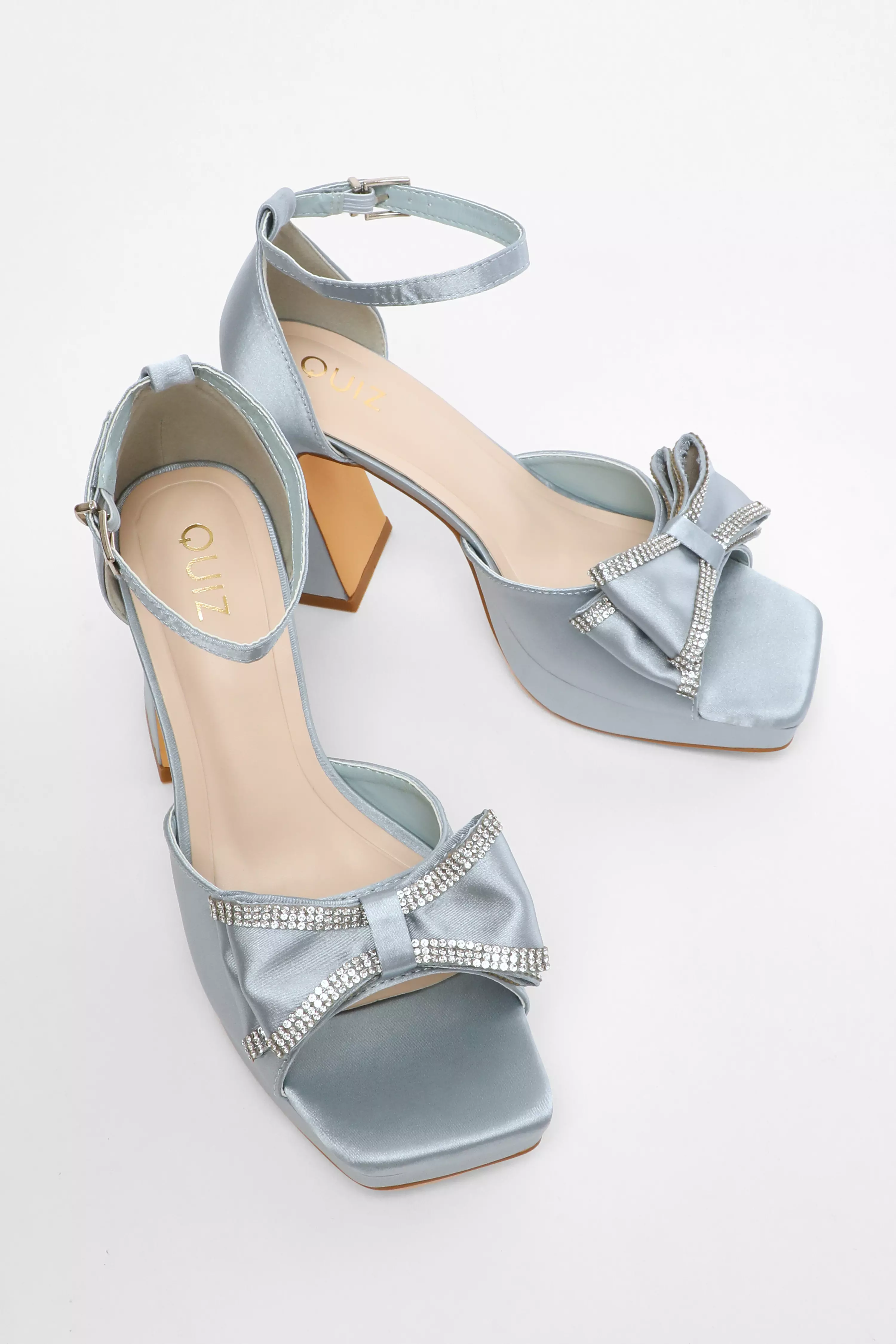 Blue Satin Bow Front Platform Heeled Sandals