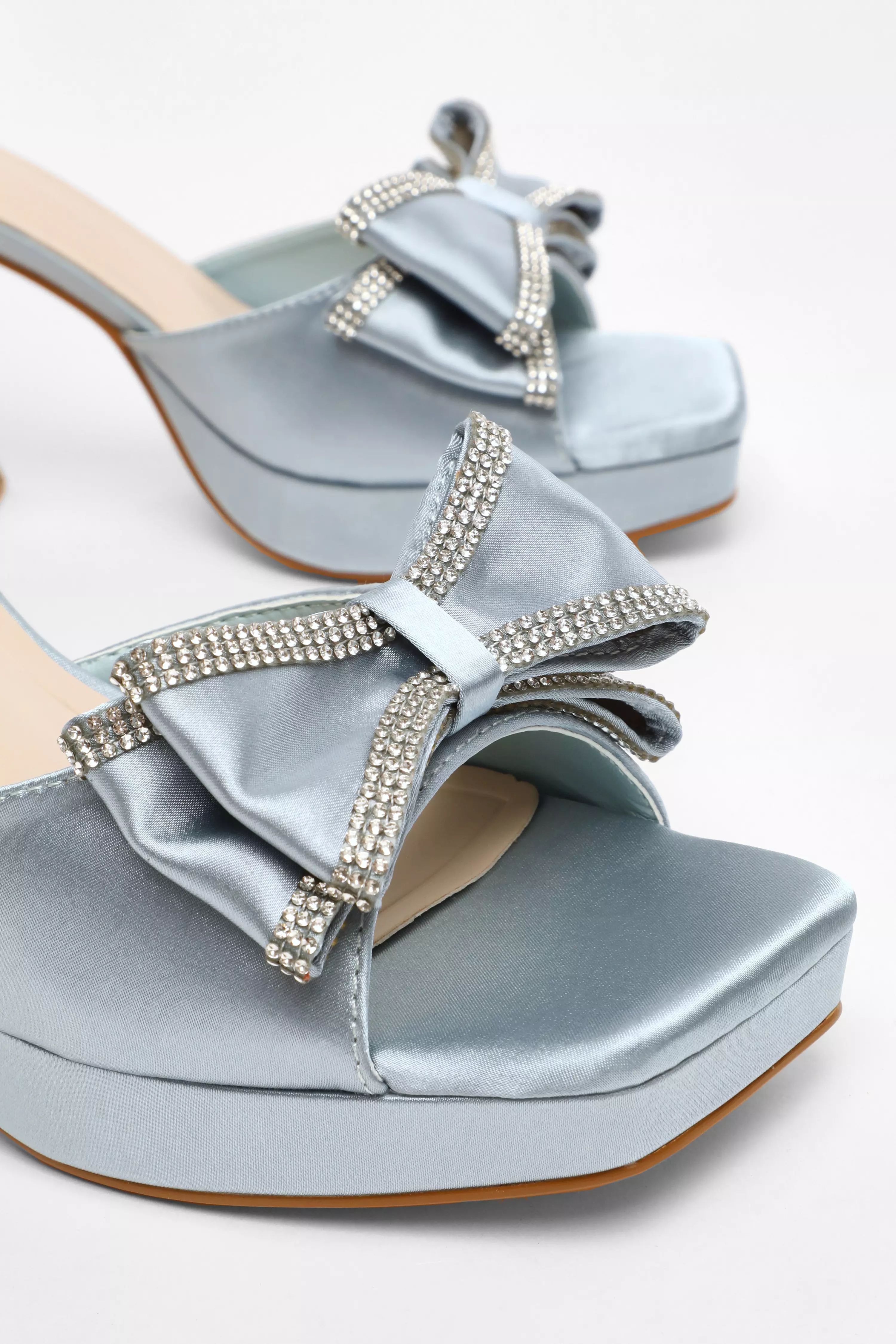 Blue Satin Bow Front Platform Heeled Sandals