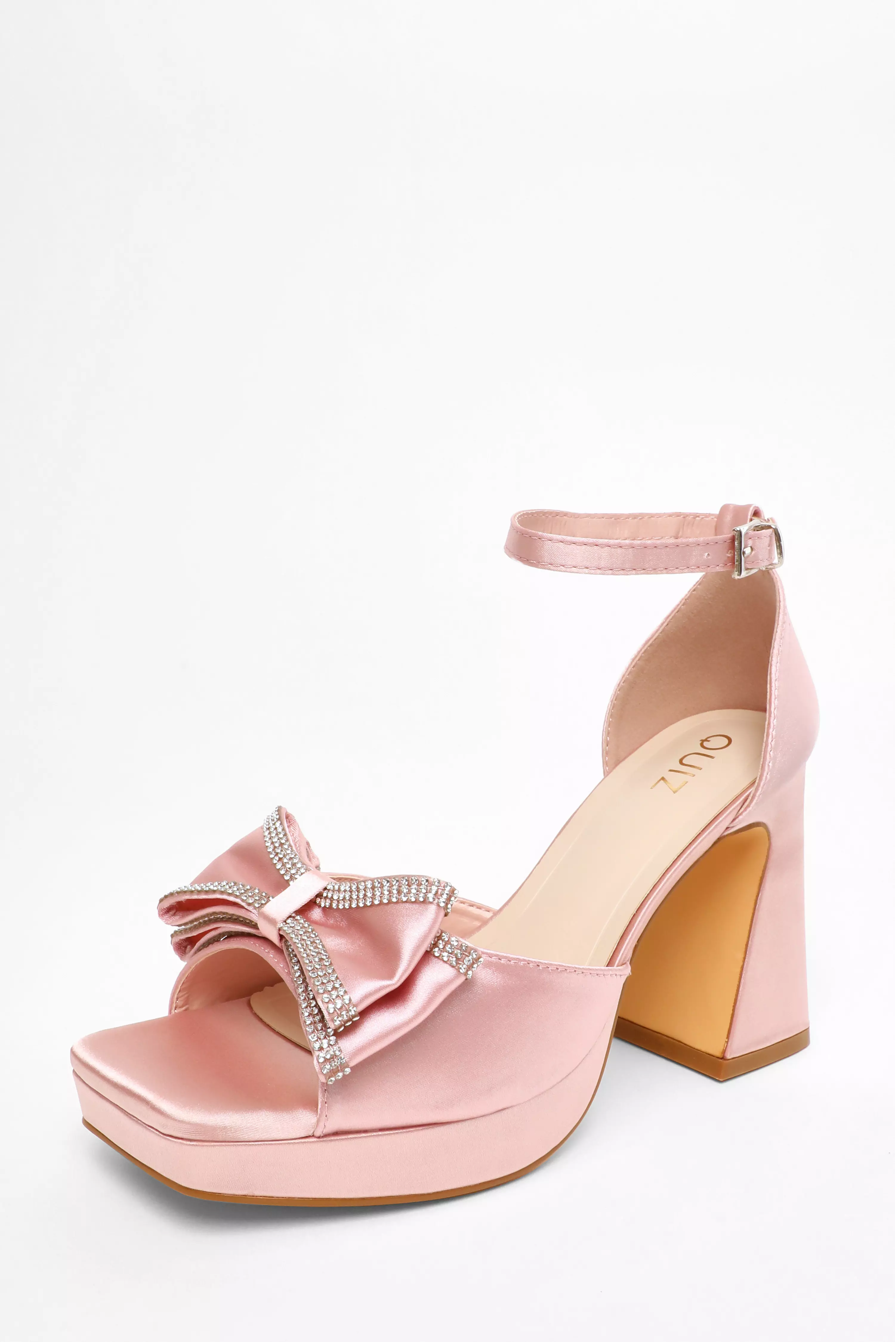 Pink Satin Bow Front Platform Heeled Sandals