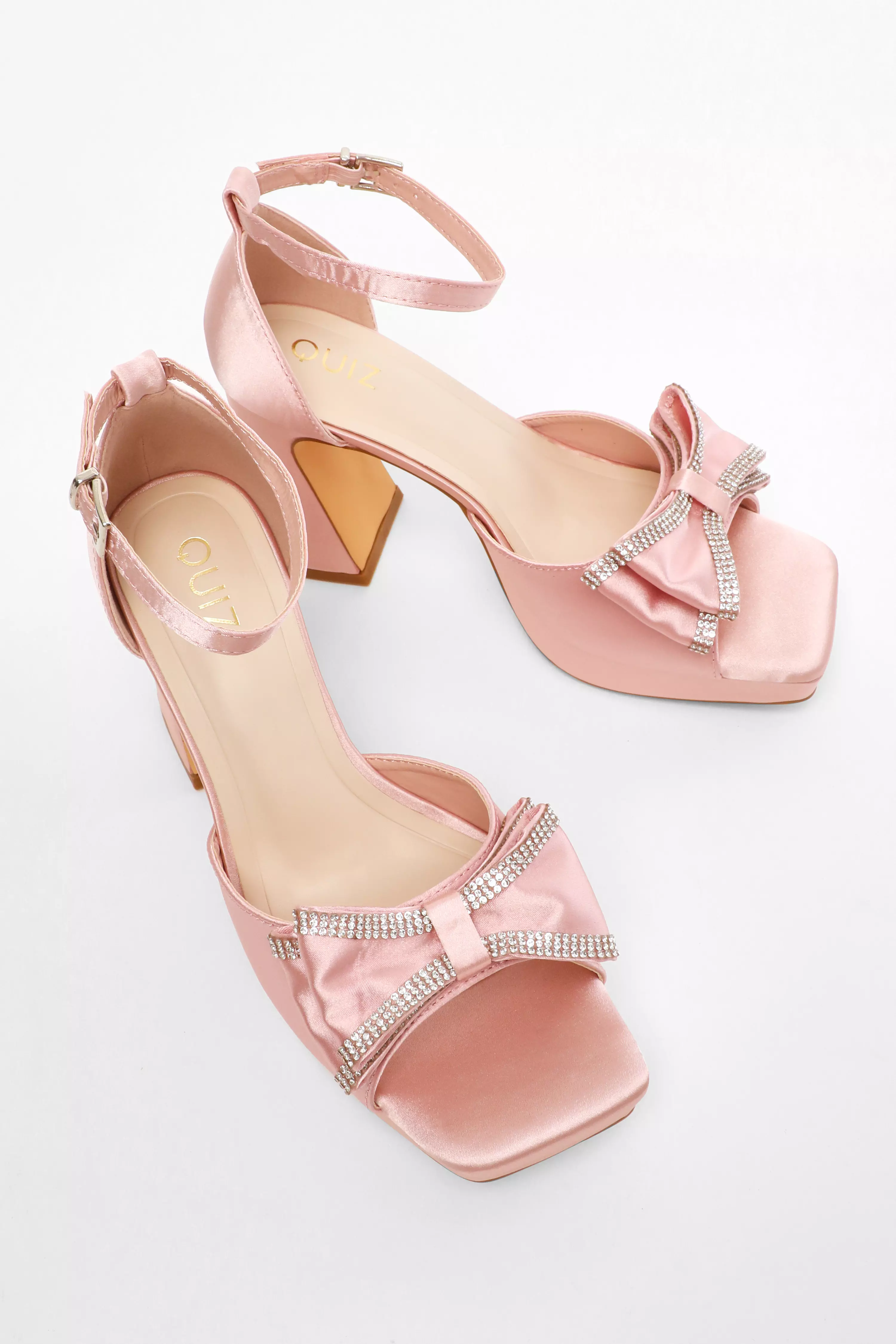 Pink Satin Bow Front Platform Heeled Sandals