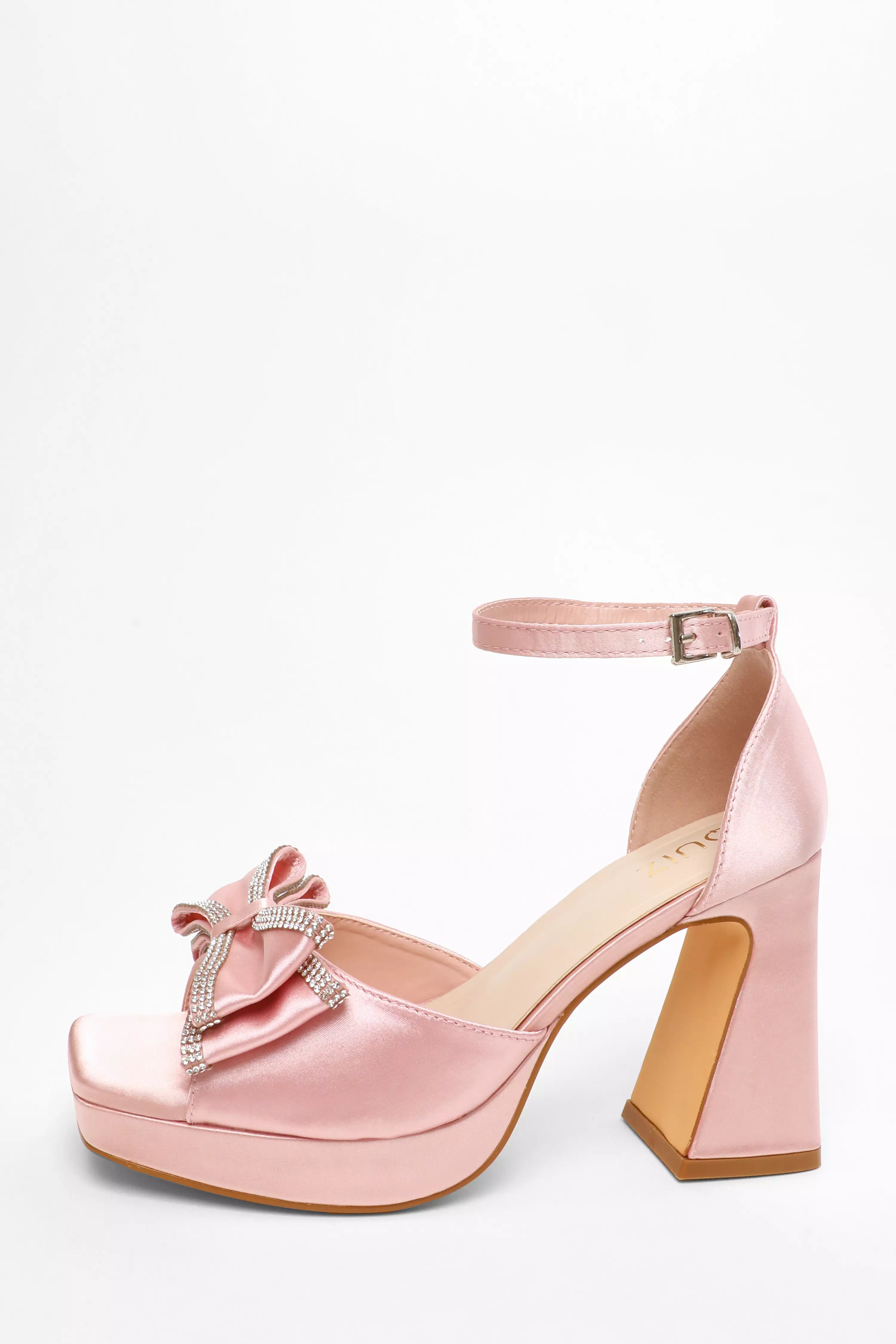 Pink Satin Bow Front Platform Heeled Sandals