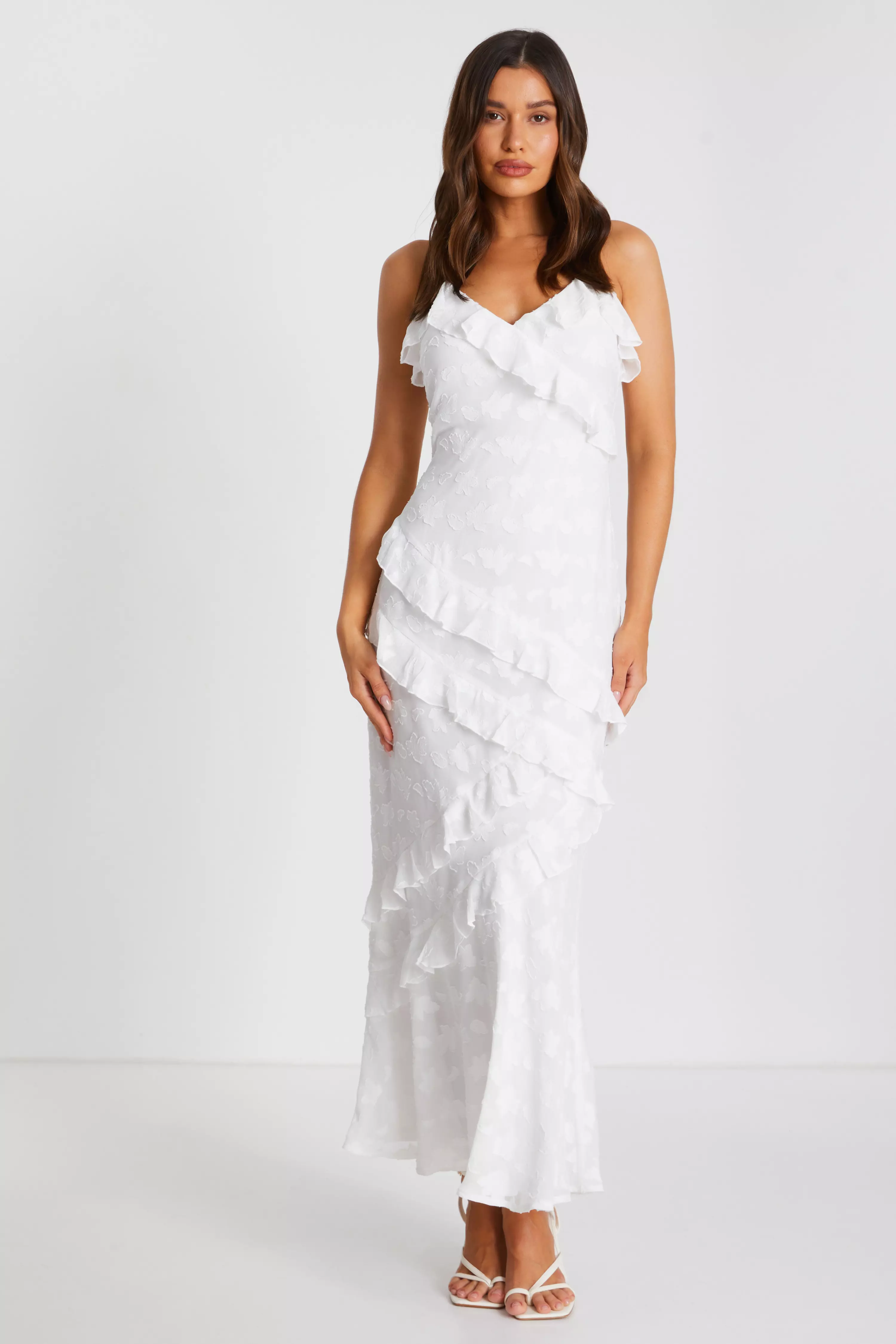 White Ruffle Wrap Midaxi Dress