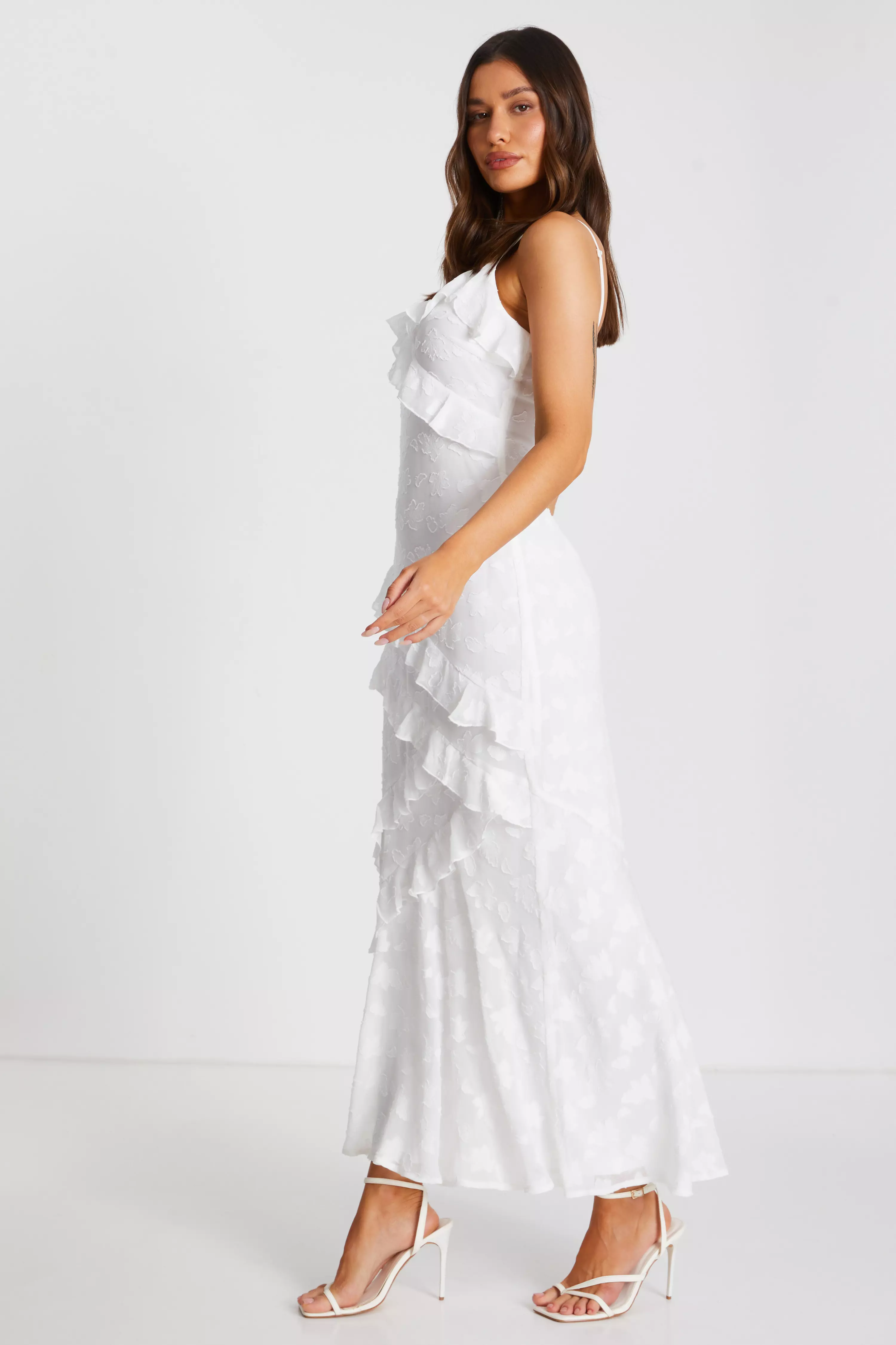 White Ruffle Wrap Midaxi Dress