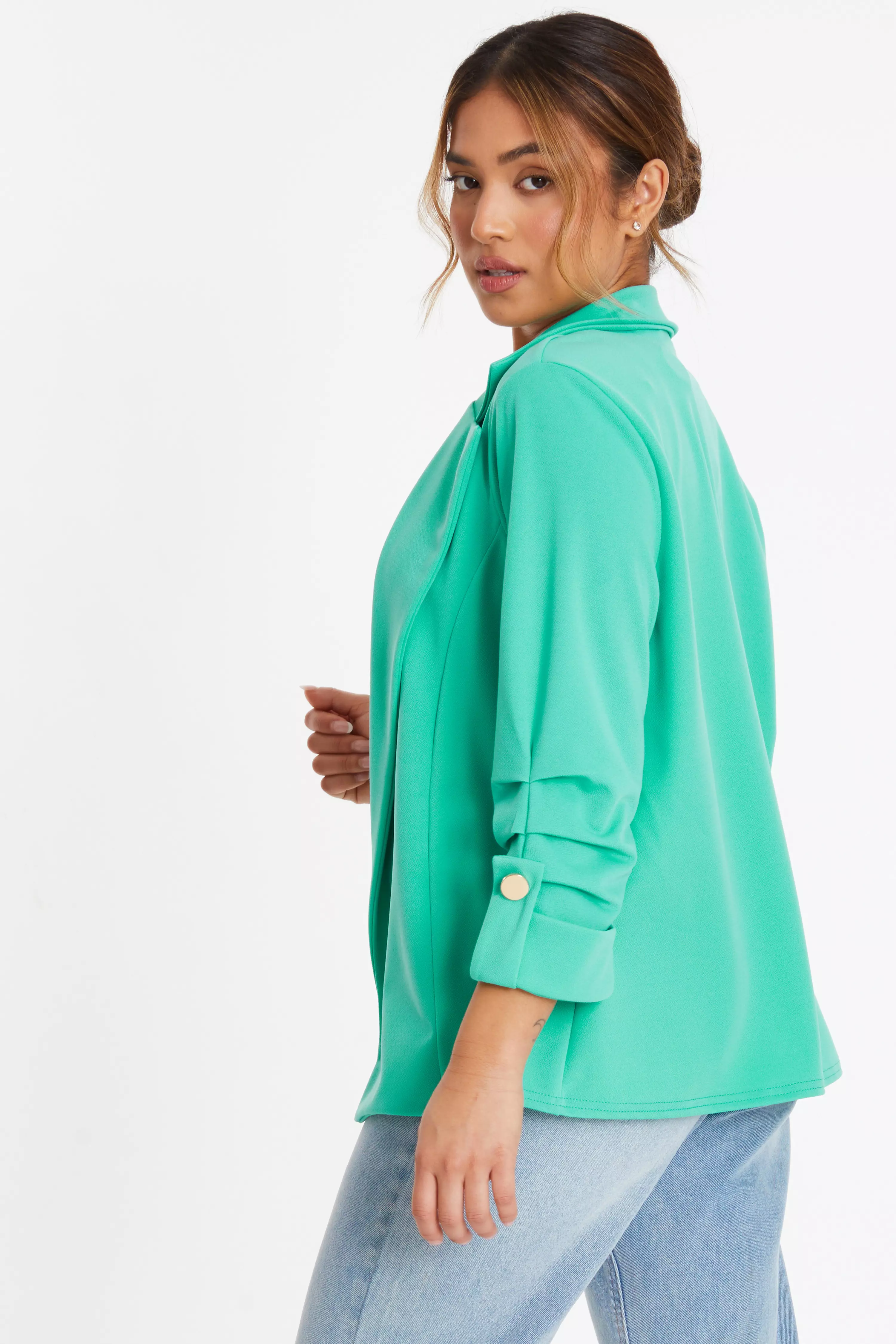Petite Mint Ruched Sleeve Tailored Blazer