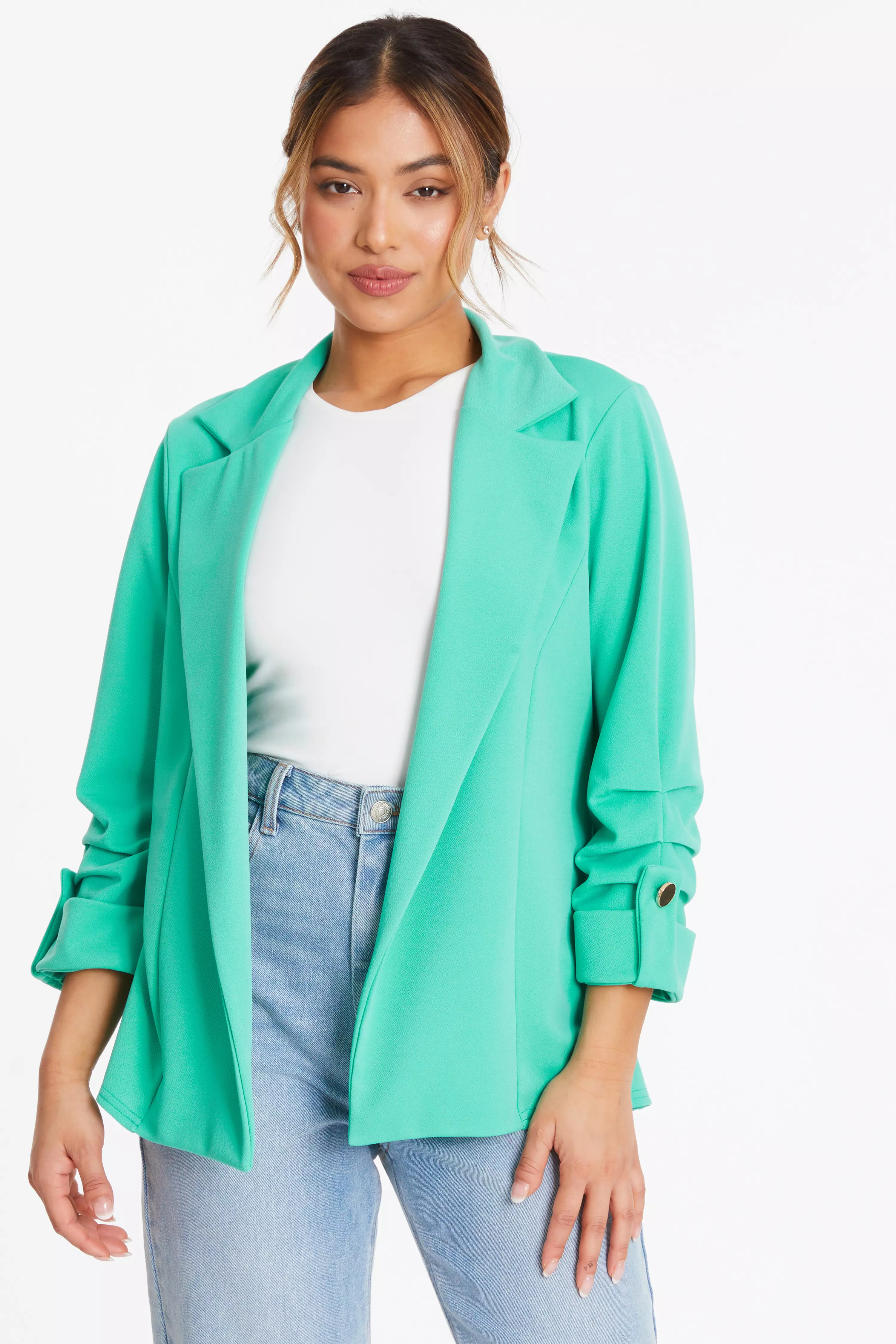 Petite Mint Ruched Sleeve Tailored Blazer