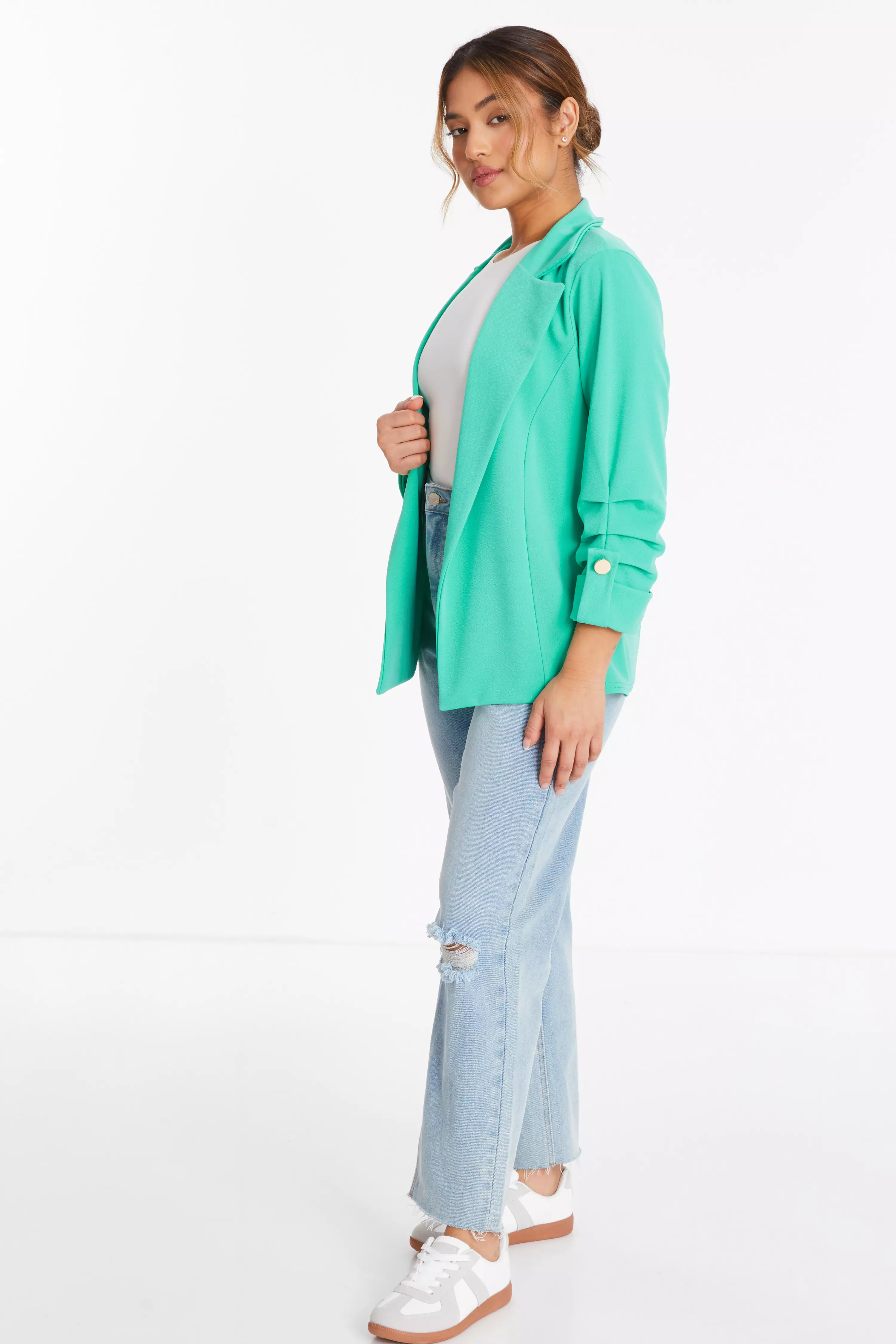 Petite Mint Ruched Sleeve Tailored Blazer