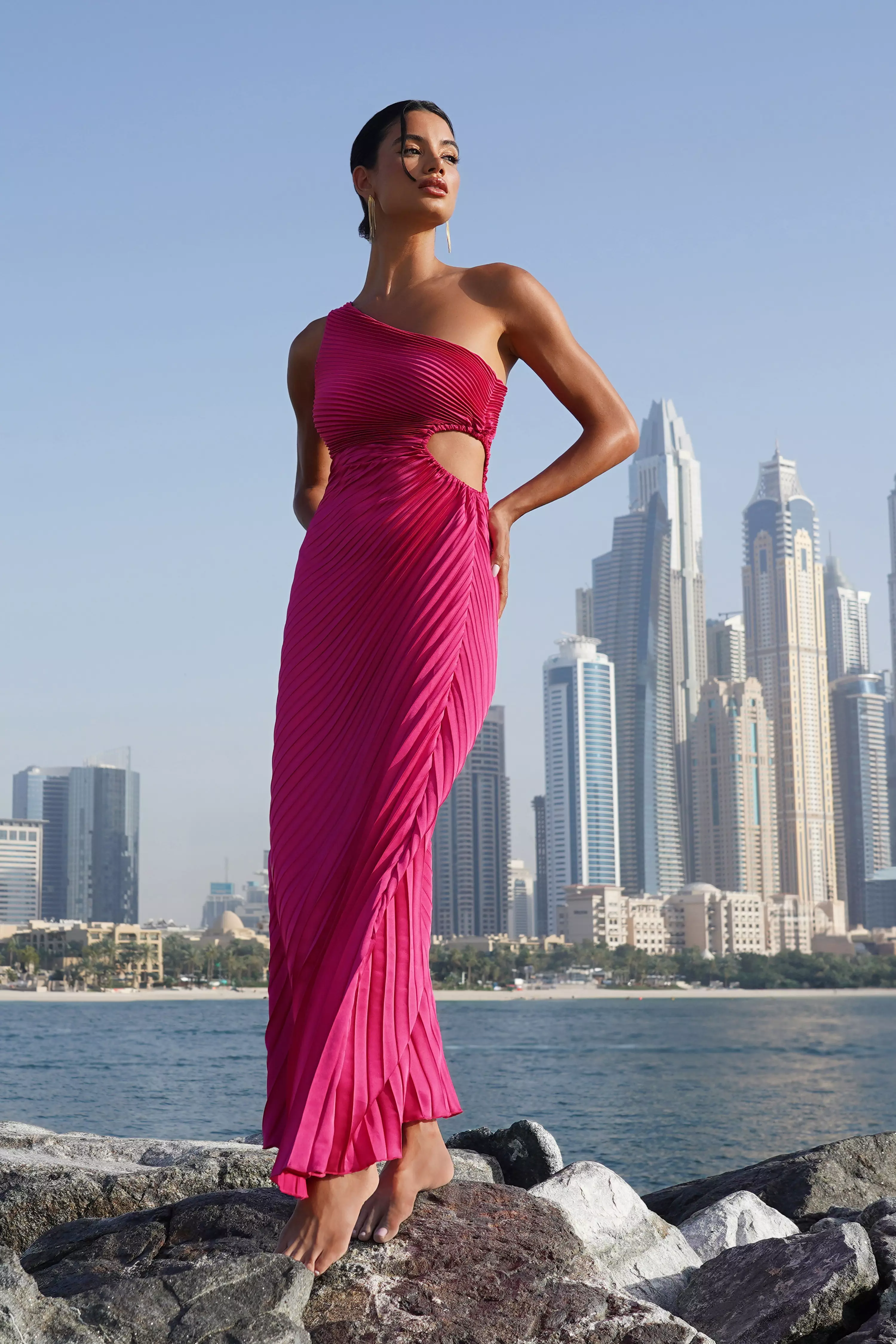 Pink Satin Pleated One Shoulder Maxi Dress