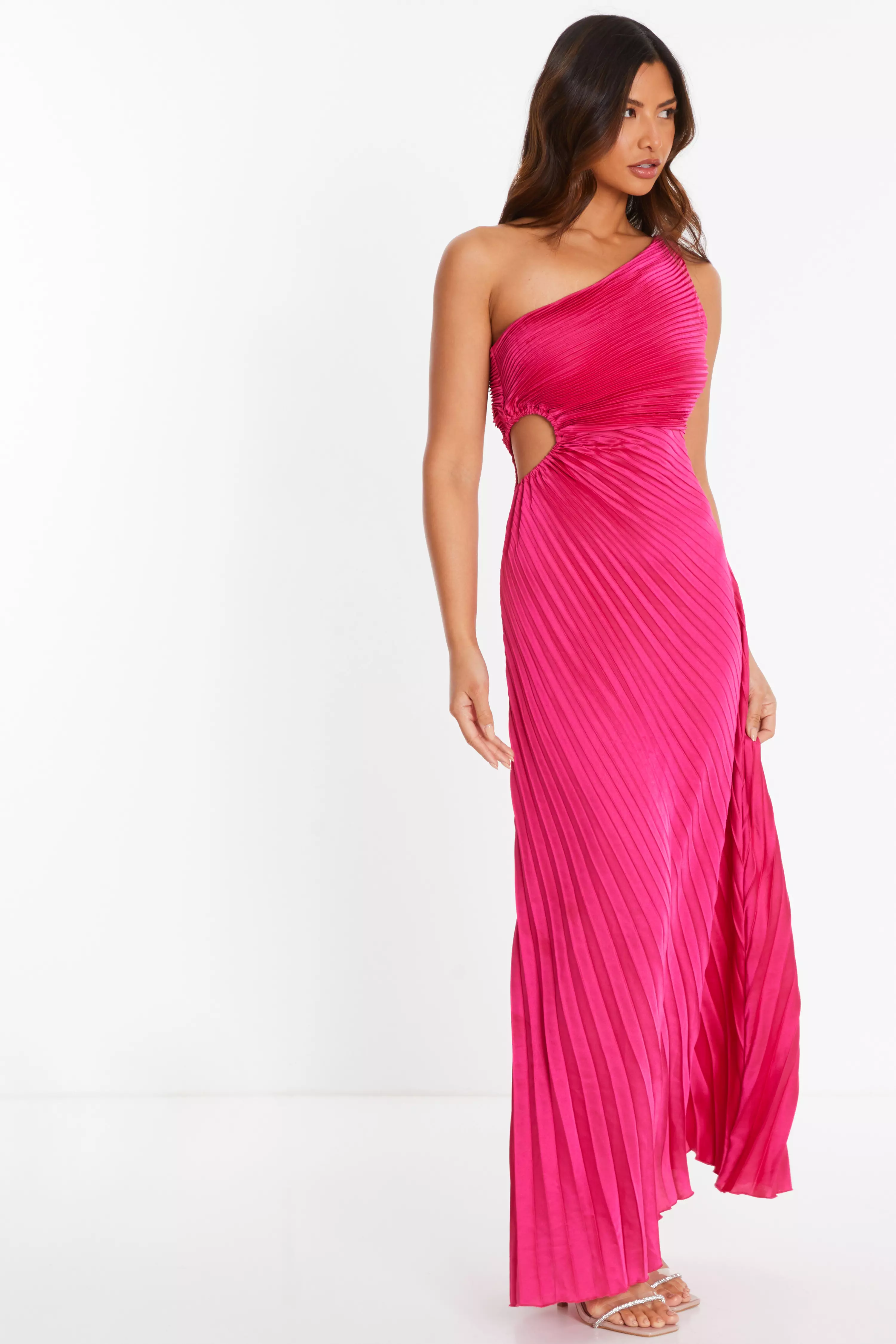 Pink Satin Pleated One Shoulder Maxi Dress