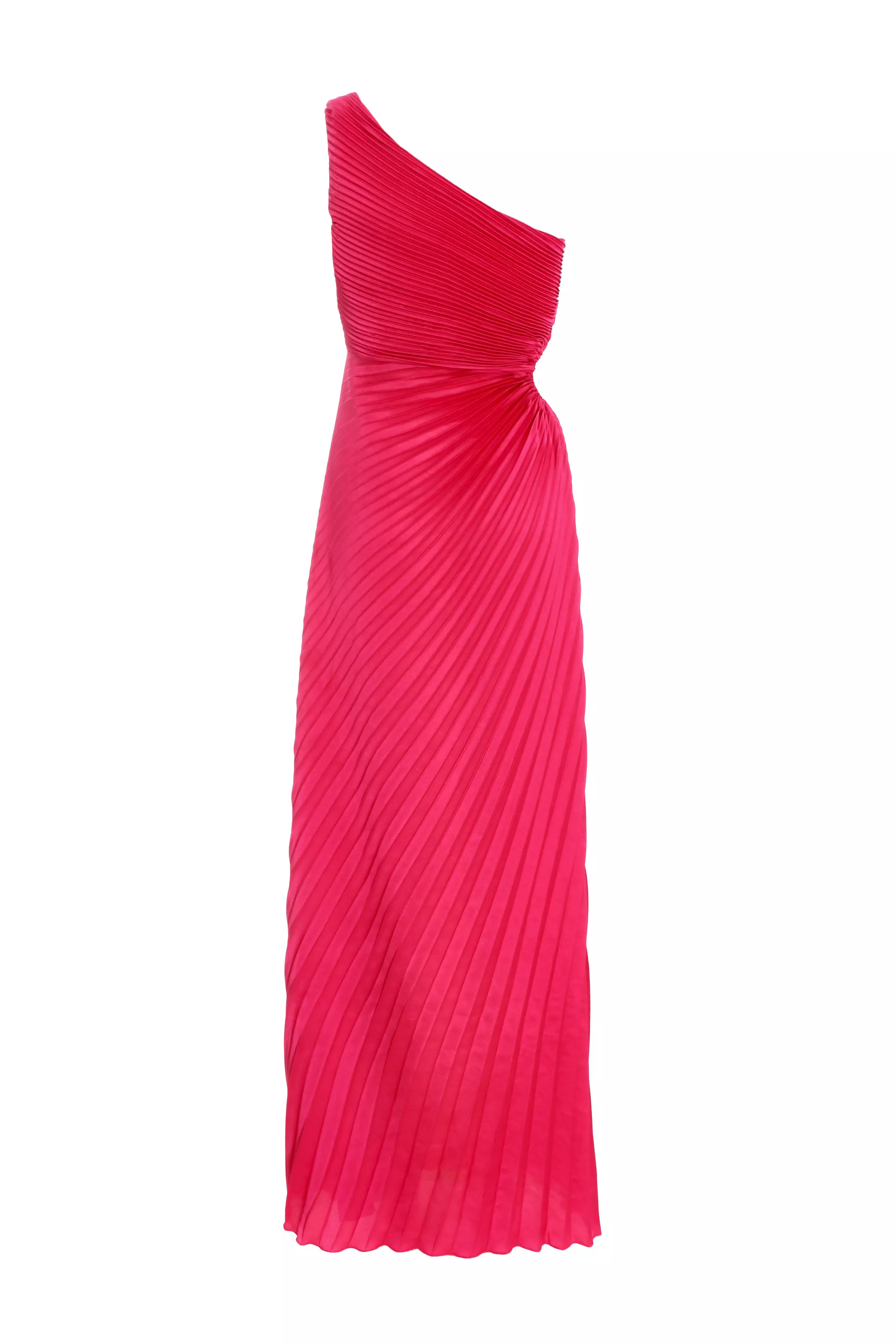 Pink Satin Pleated One Shoulder Maxi Dress