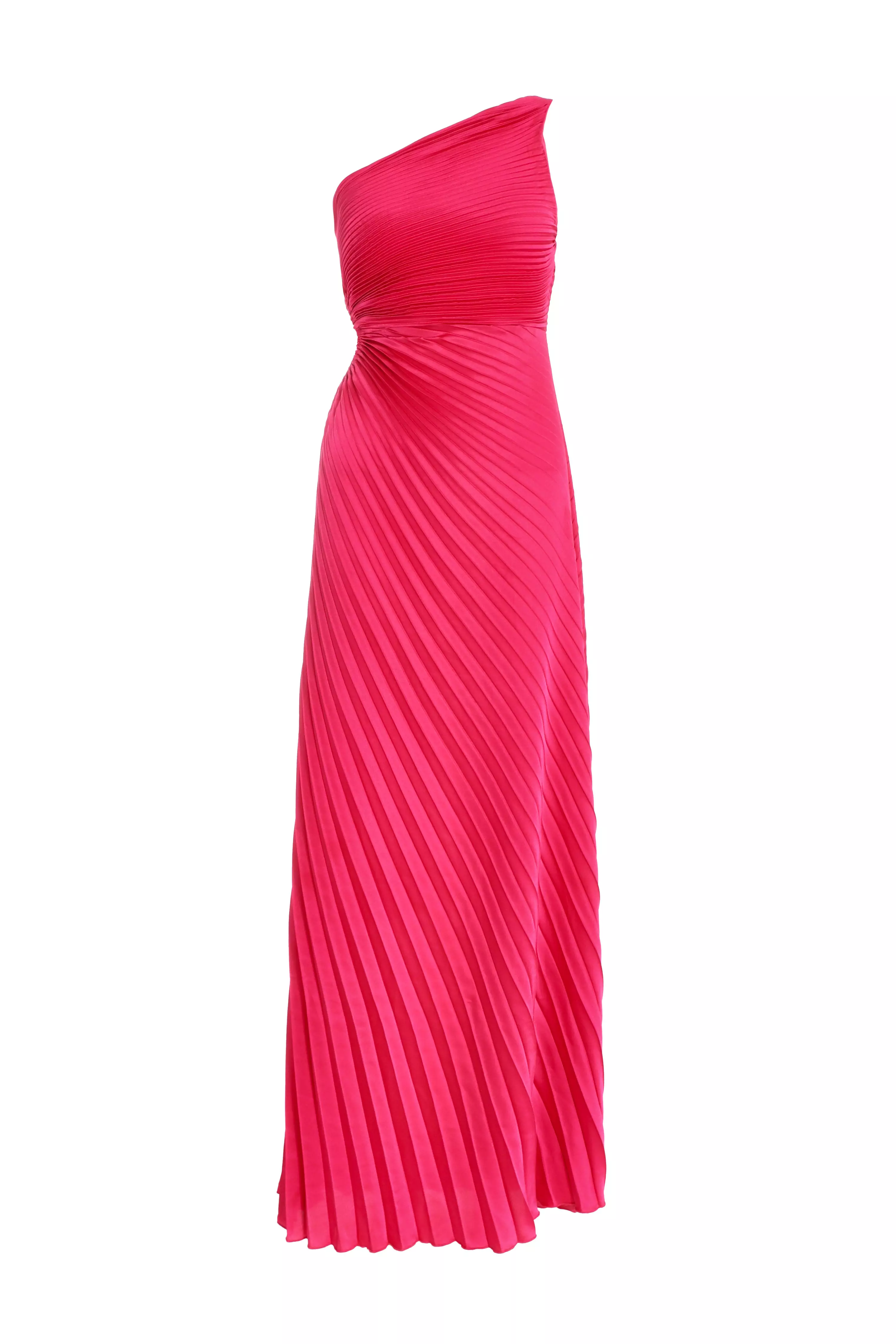 Pink Satin Pleated One Shoulder Maxi Dress