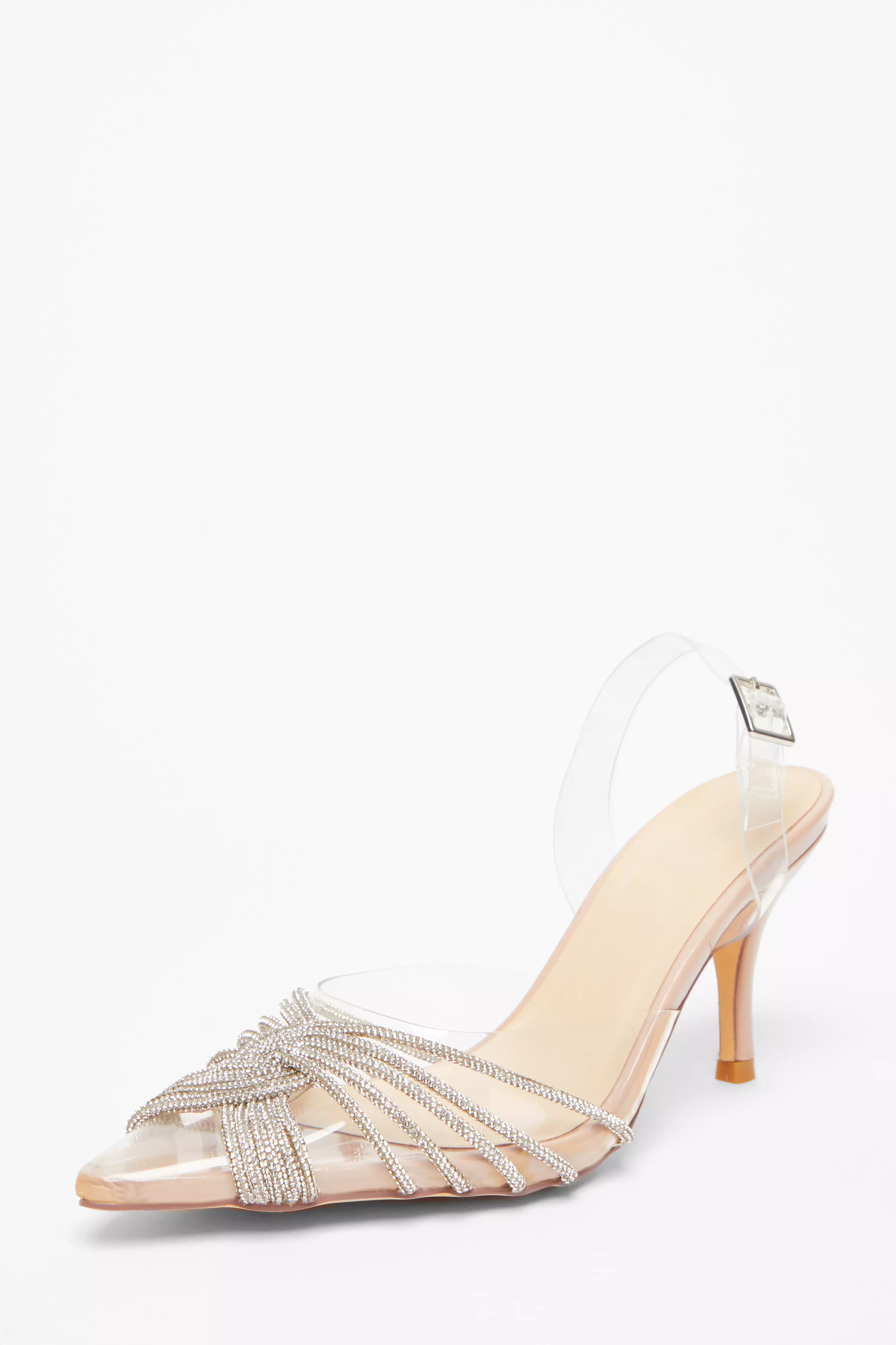 Nude Diamante Strappy Clear Sling Back Low Heels 