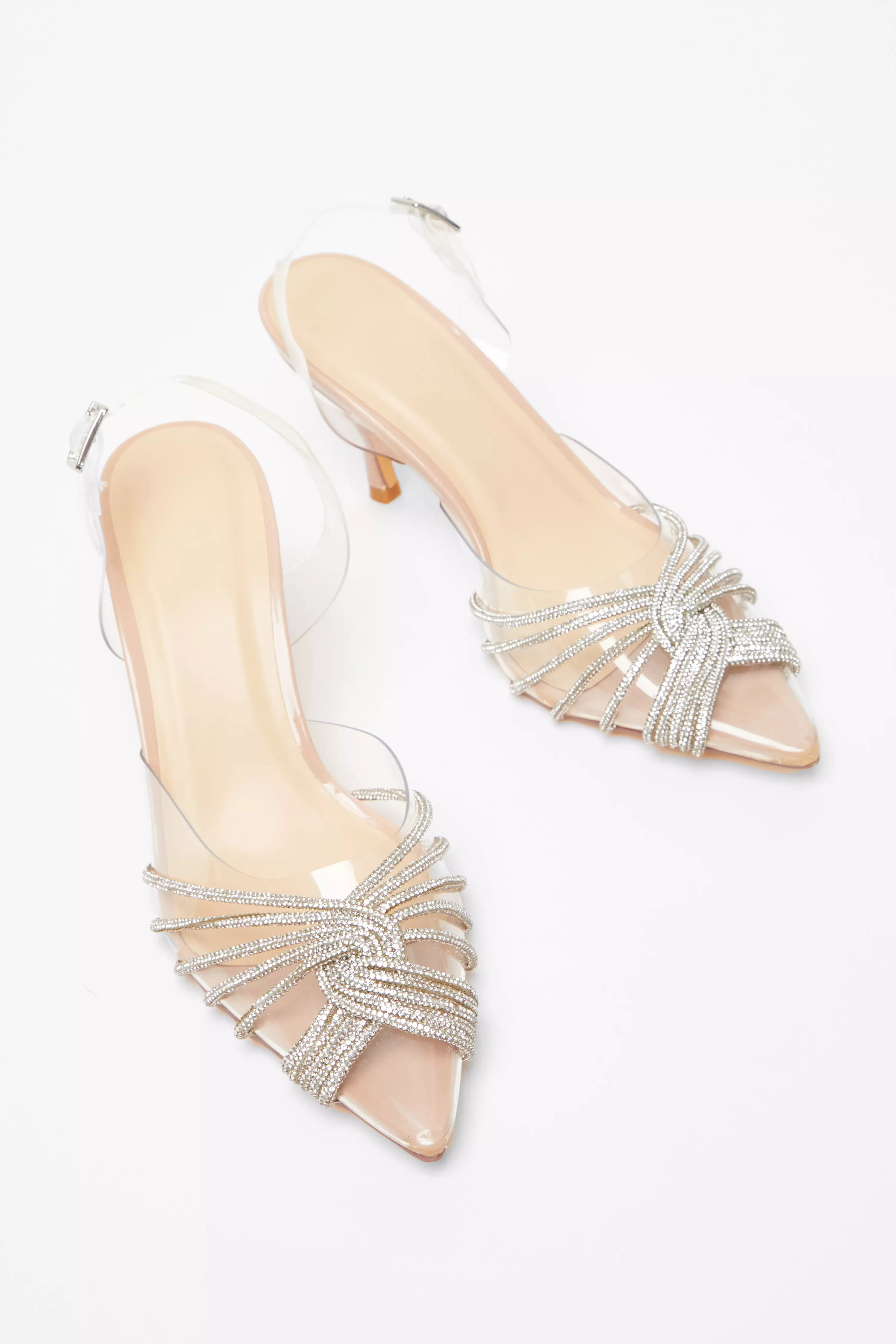 Nude Diamante Strappy Clear Sling Back Low Heels 