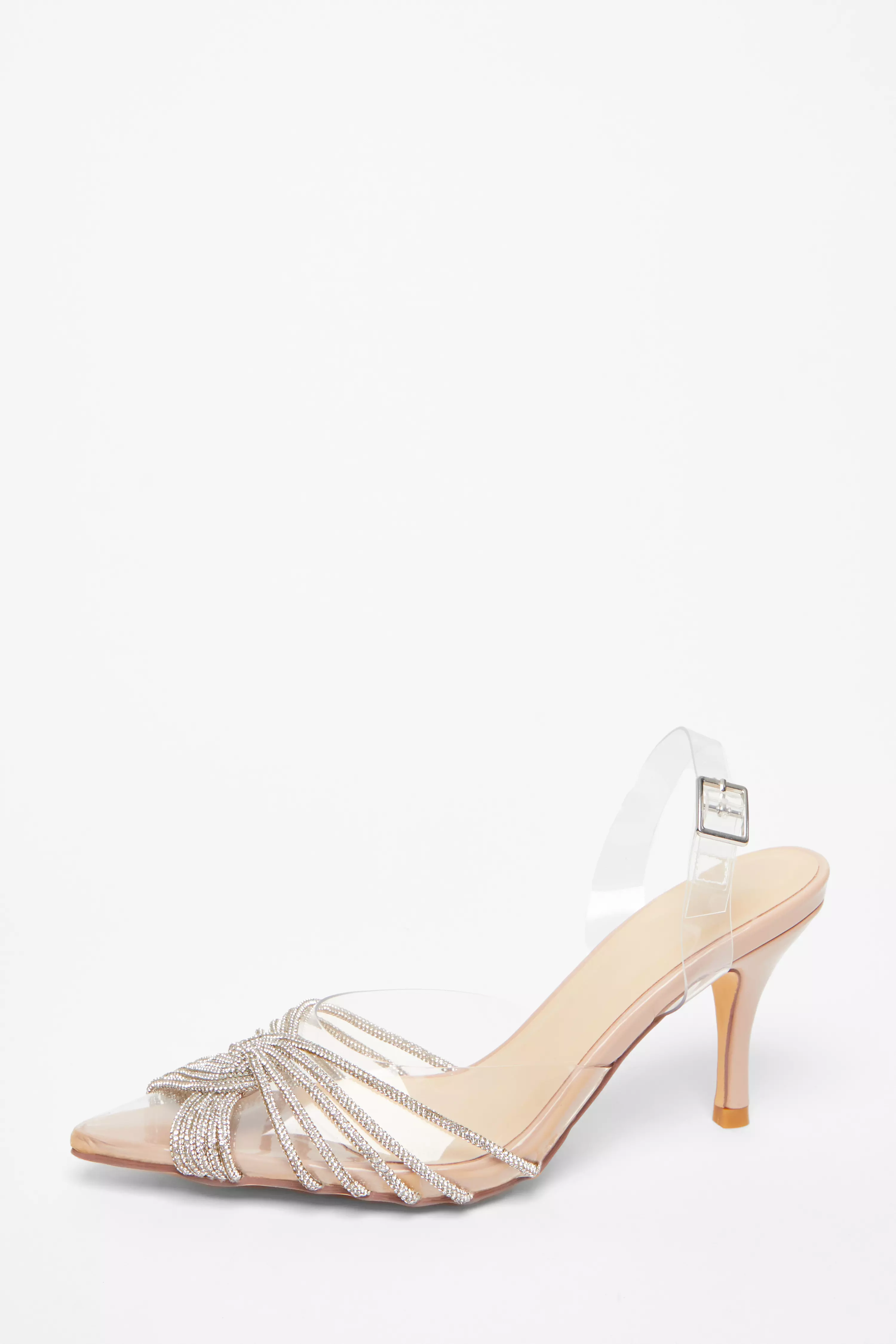 Nude Diamante Strappy Clear Sling Back Low Heels 