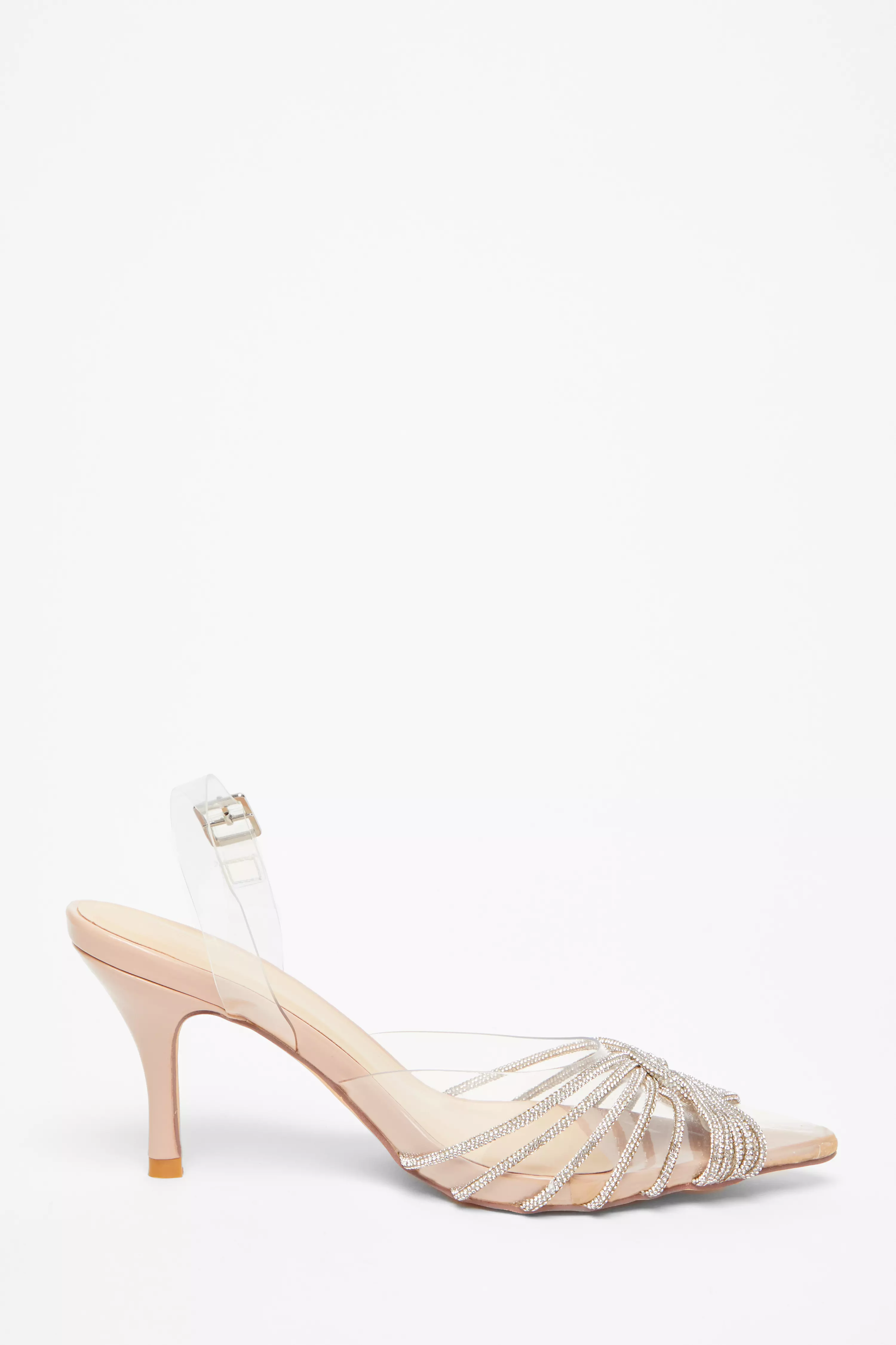 Nude Diamante Strappy Clear Sling Back Low Heels 