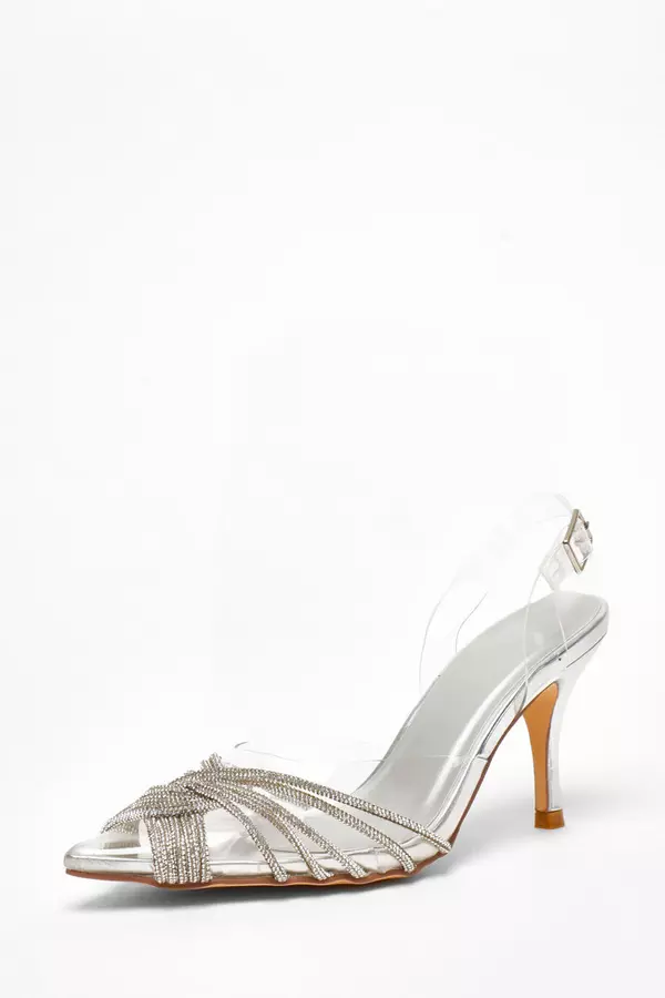 Silver Diamante Strappy Clear Sling Back Low Heels 