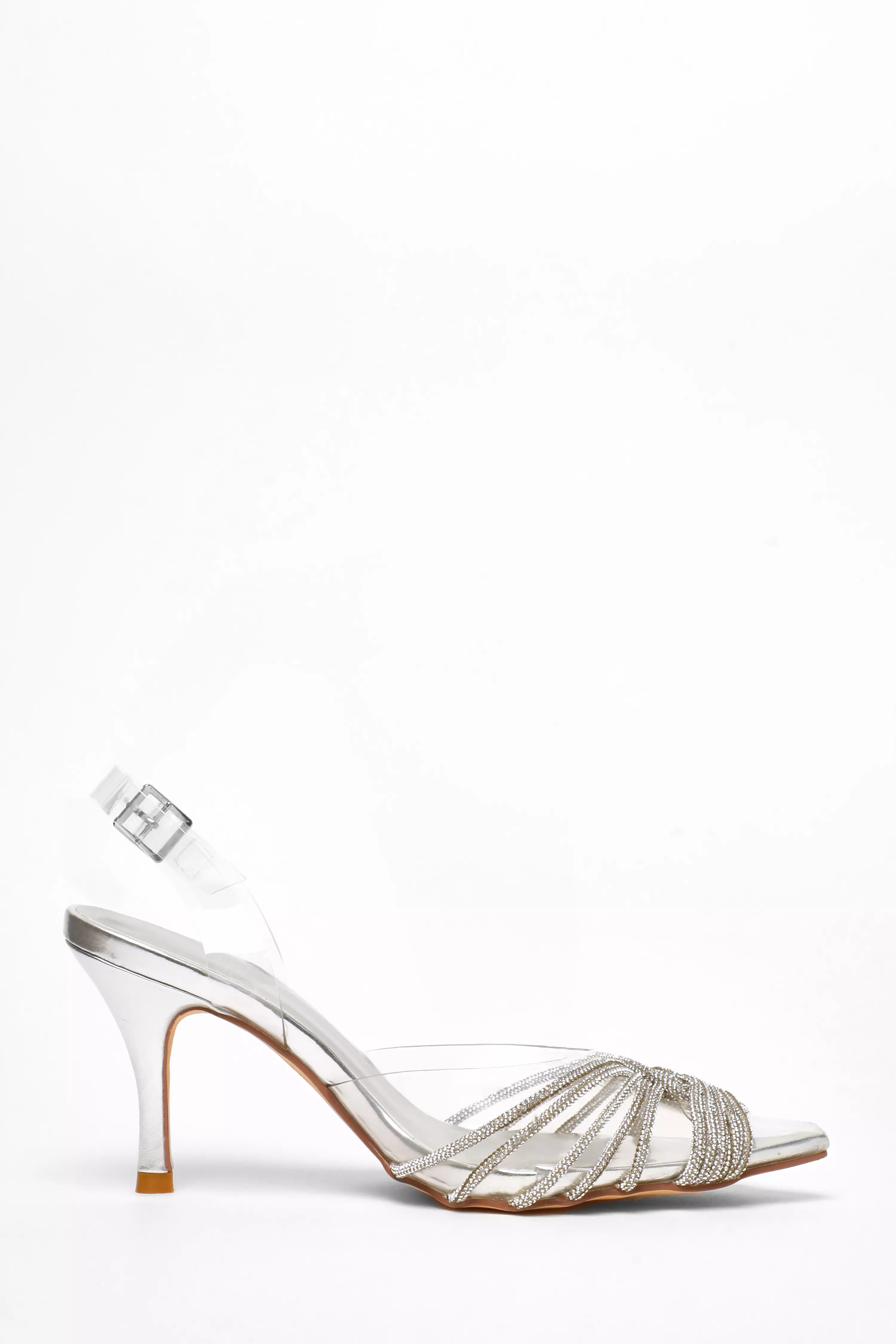 Silver Diamante Strappy Clear Sling Back Low Heels 