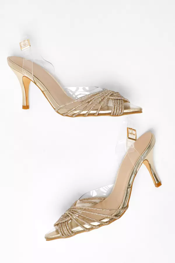 Gold Diamante Strappy Clear Sling Back Low Heels 