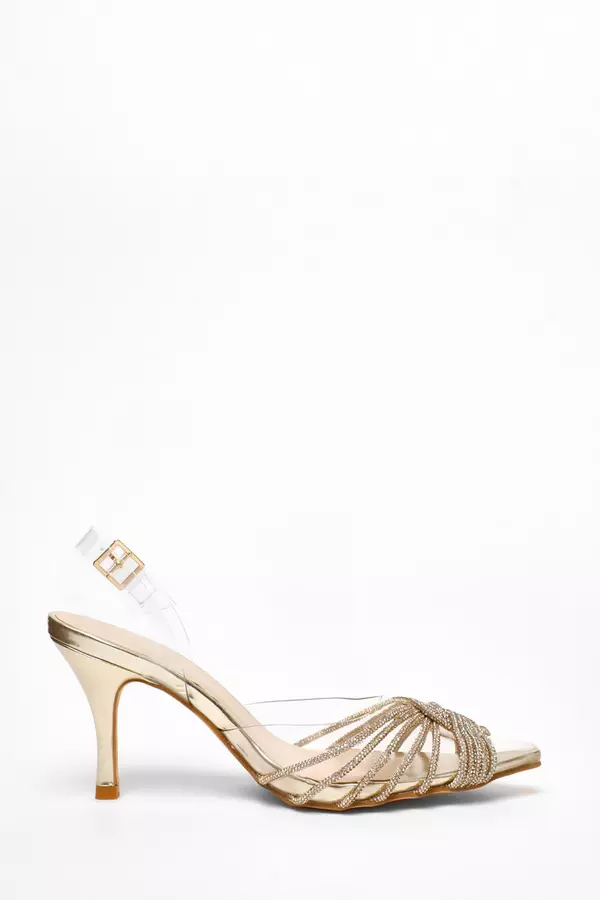 Gold Diamante Strappy Clear Sling Back Low Heels 