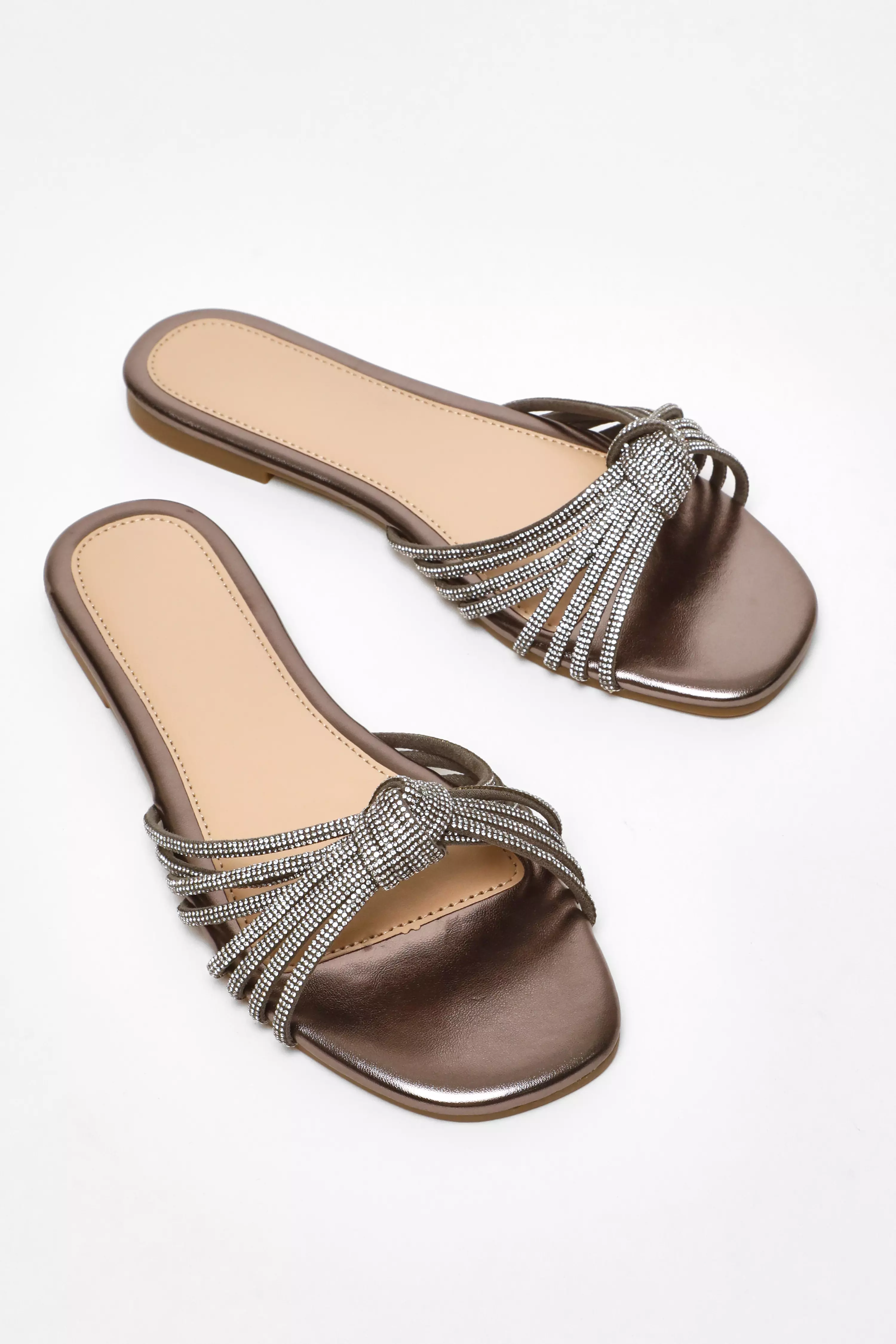 Silver Strappy Knot Diamante Flat Sandals