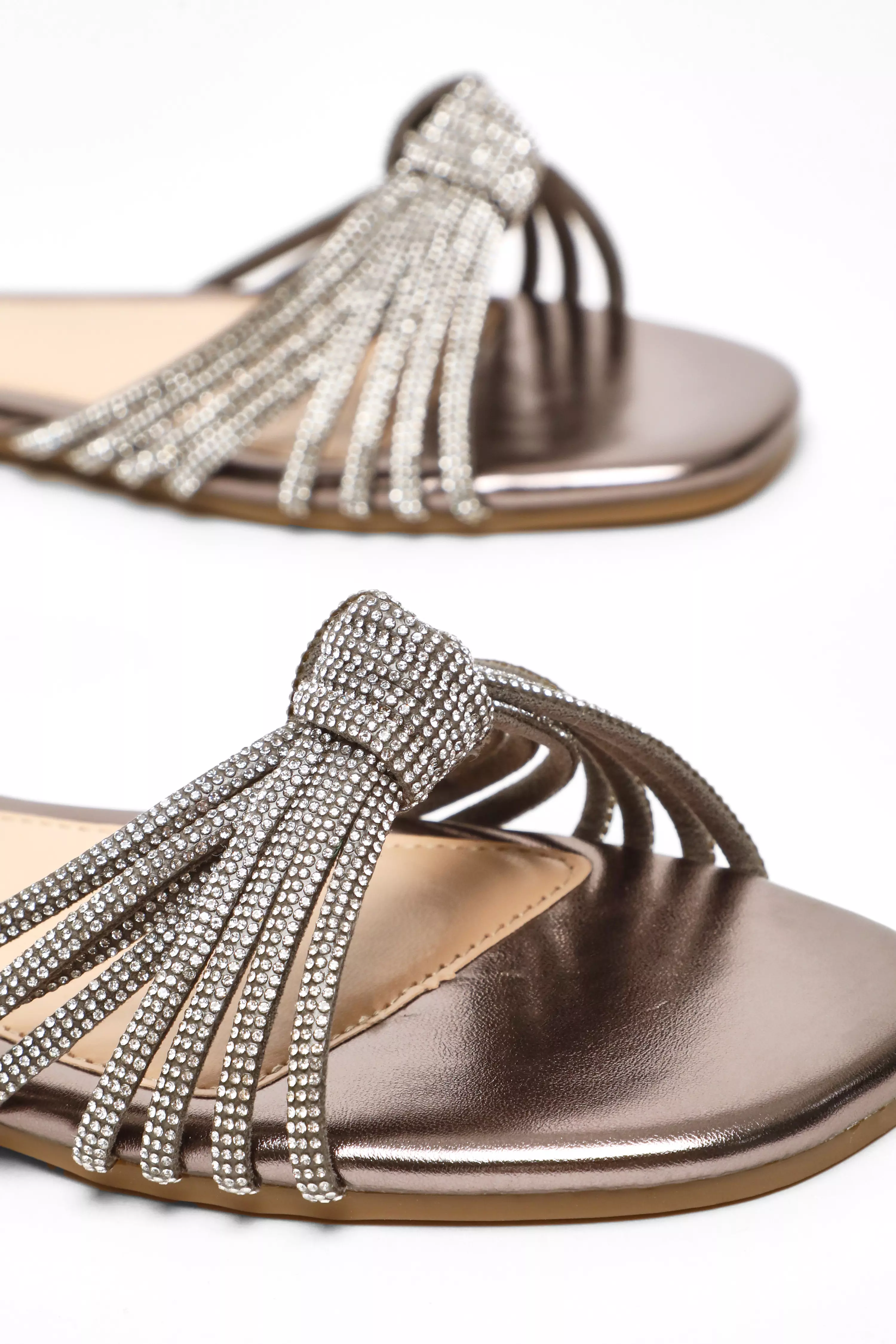 Silver Strappy Knot Diamante Flat Sandals