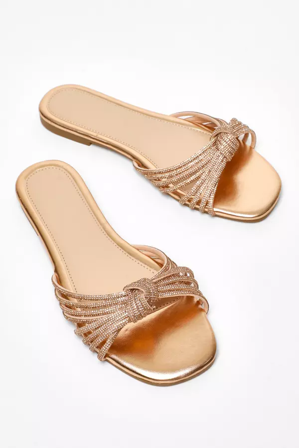 Gold Strappy Knot Diamante Flat Sandals