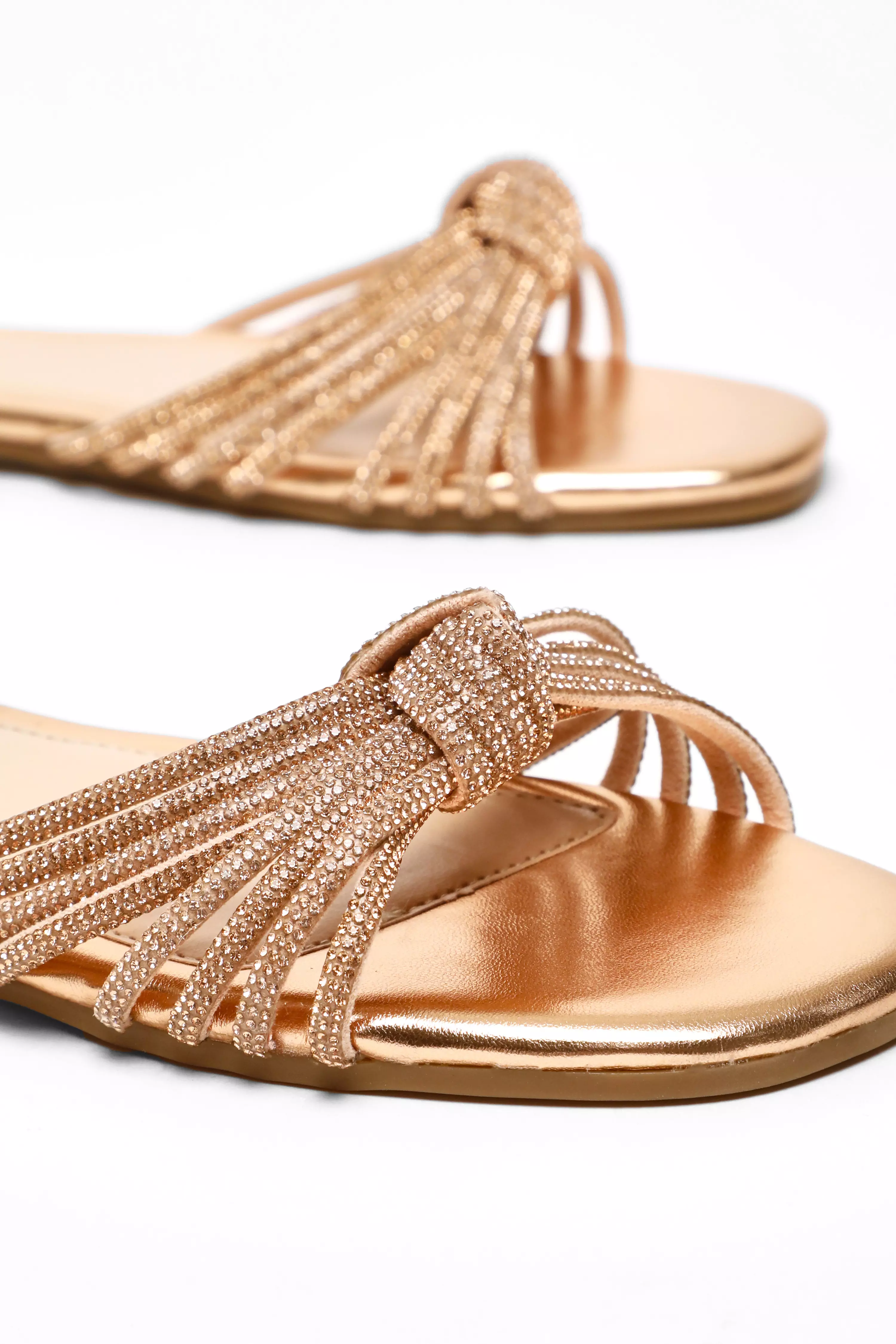 Gold Strappy Knot Diamante Flat Sandals