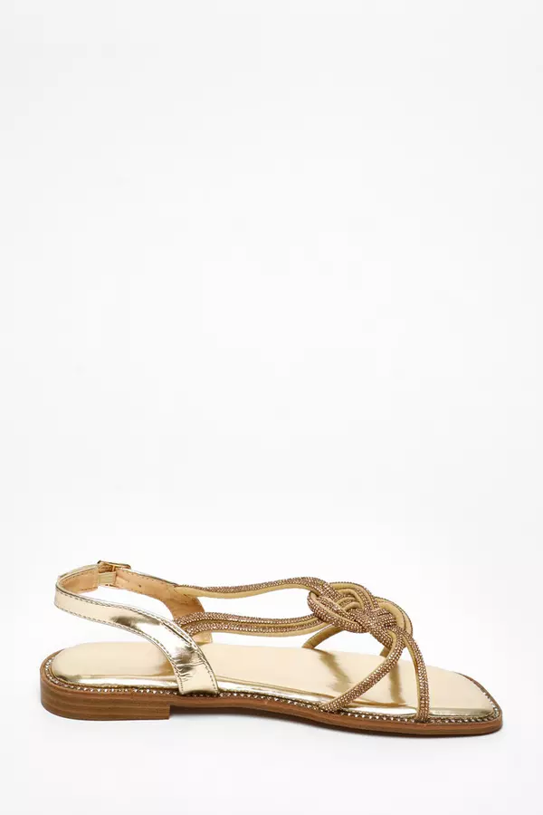 Gold Diamante T-Bar Flat Sandals