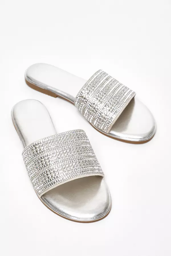 Silver Diamante Flat Sandals