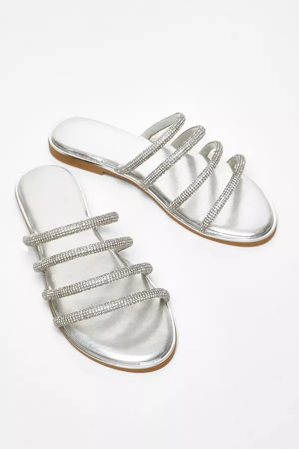 Silver Diamante Strappy Flat Sandals